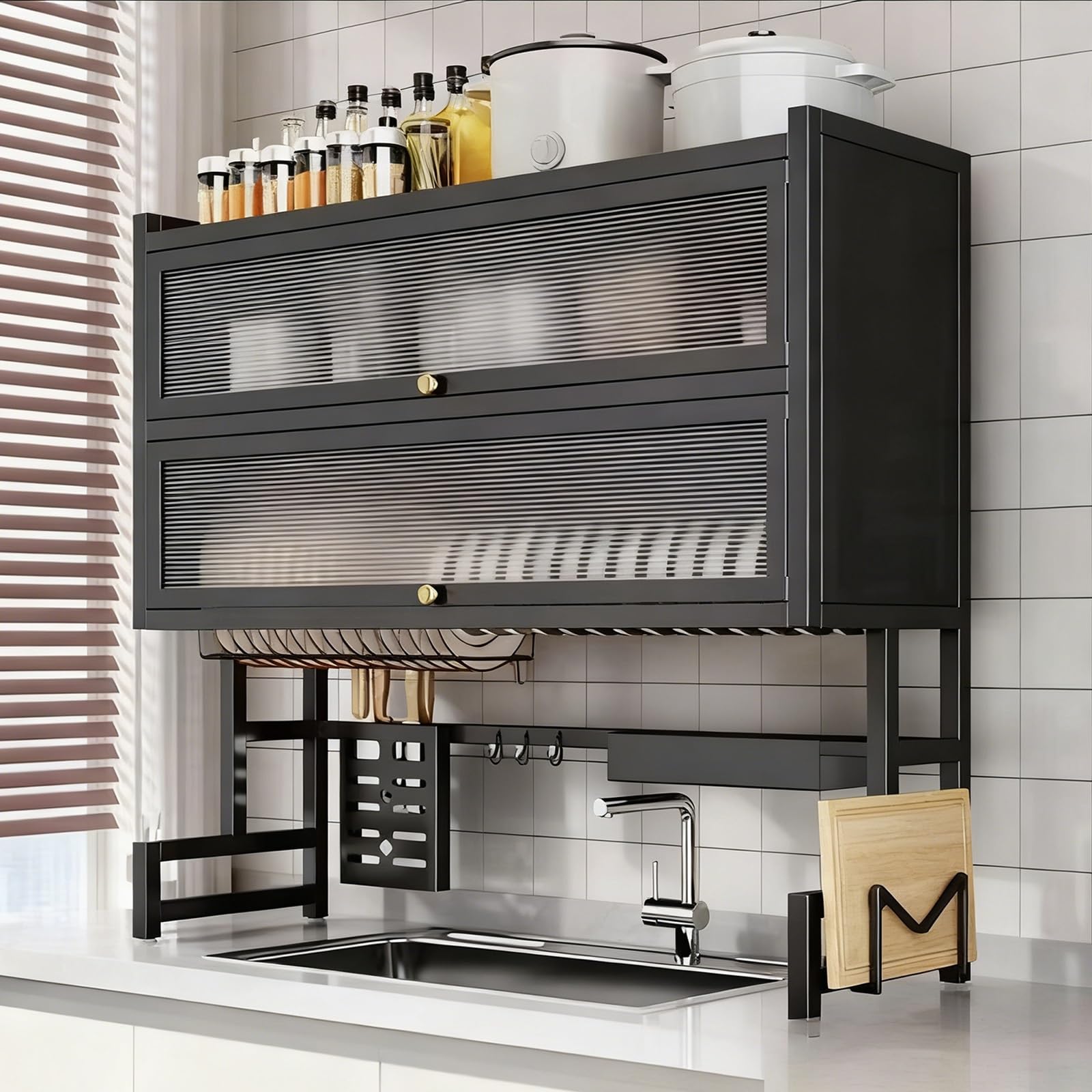Escurridor de platos sobre el fregadero, escurridor de platos de tres niveles con cubierta, escurridor de platos de cocina que ahorra espacio, organizador para platos, vasos, cuencos (negro, 95 cm)