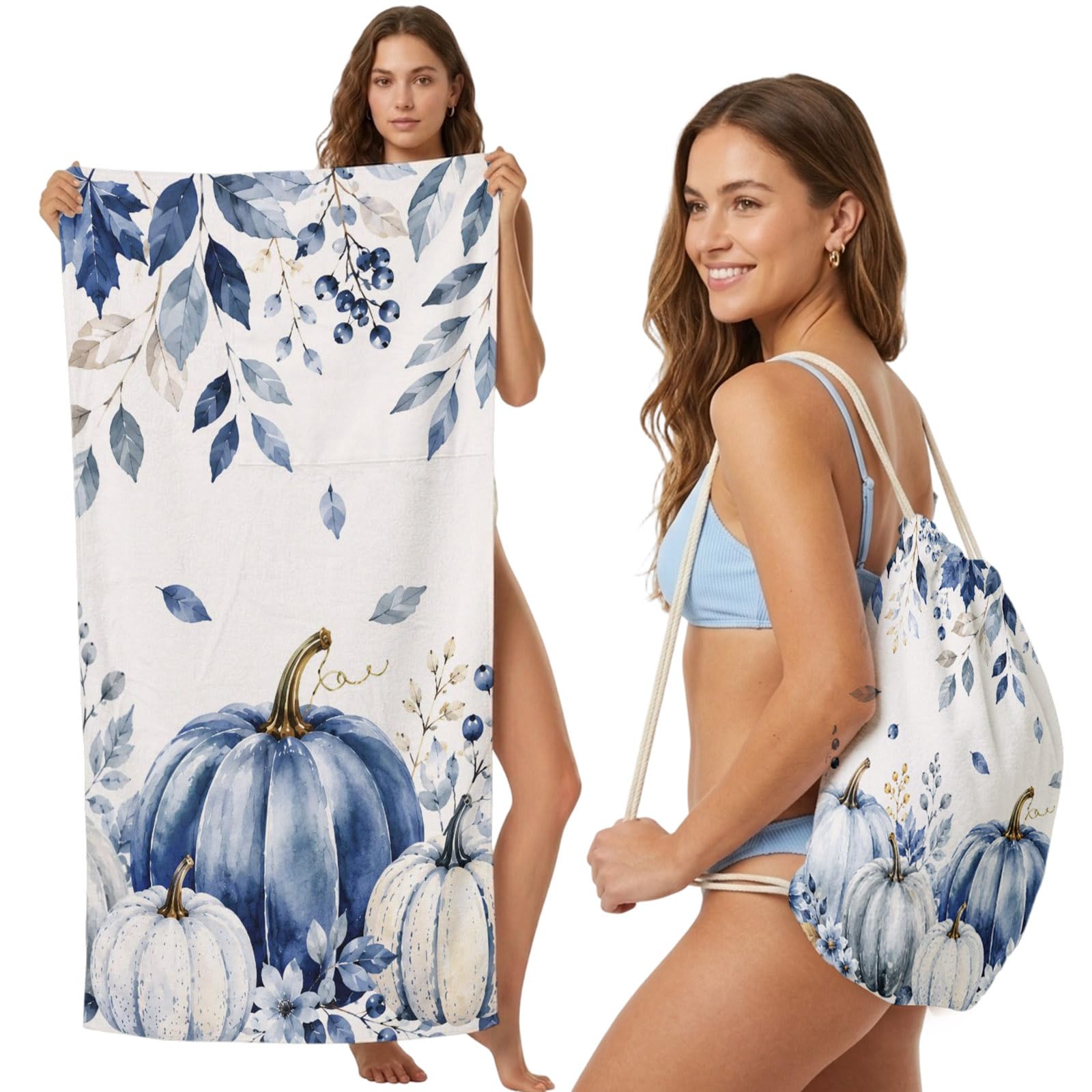 2-in-1 Beach Towel Backpack,Thanksgiving Pumpkin Flower Leaf Bath Towel with Built-in Storage Fall Blue White Botanical Convertible Foldable Beach Blanket for Travel Pool Gym Camping Swim,31x63in