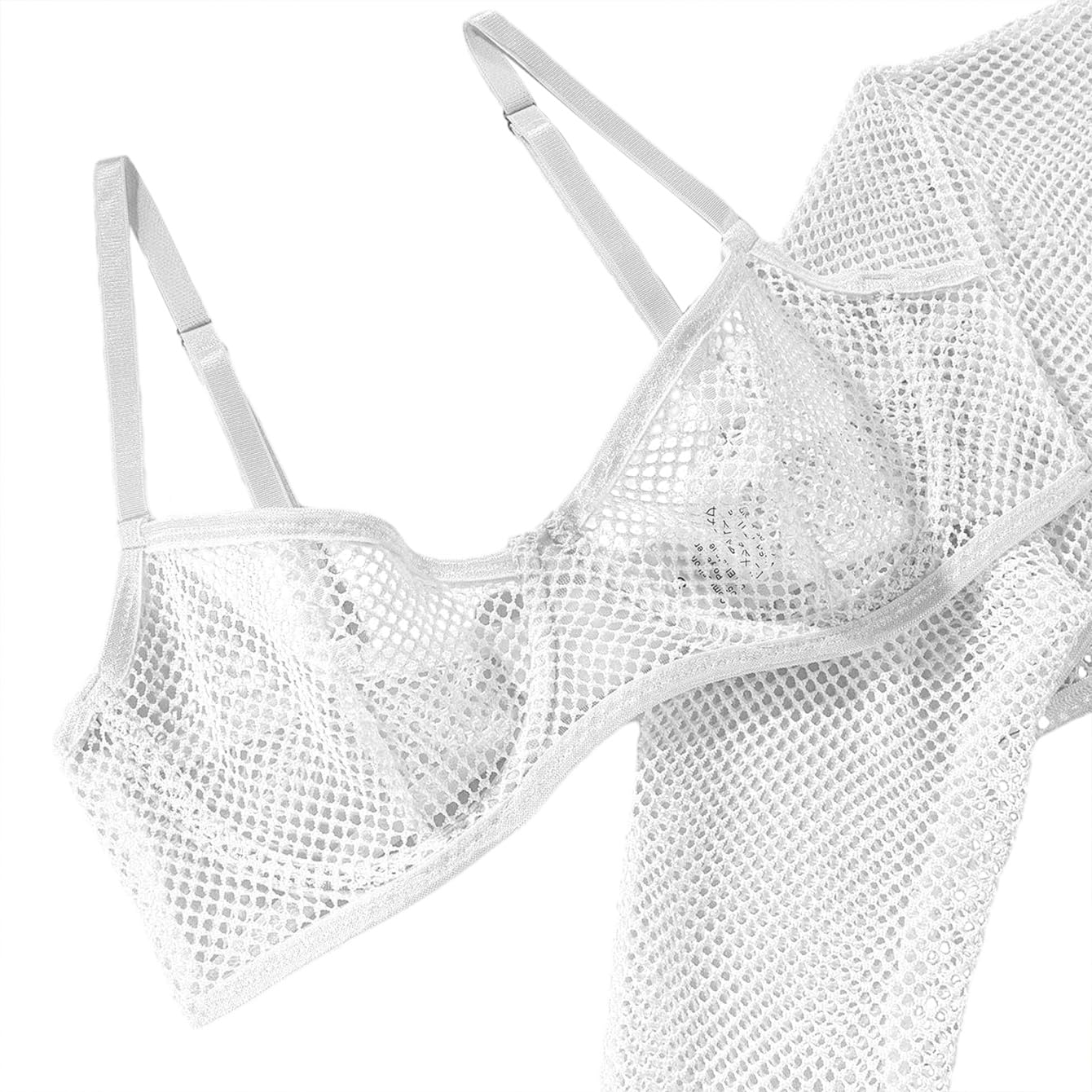 Lilosy Sexy Fishnet Sheer Underwire Rave Outfits Top Bra Panty 3 Piece Lingerie Set: Medium White