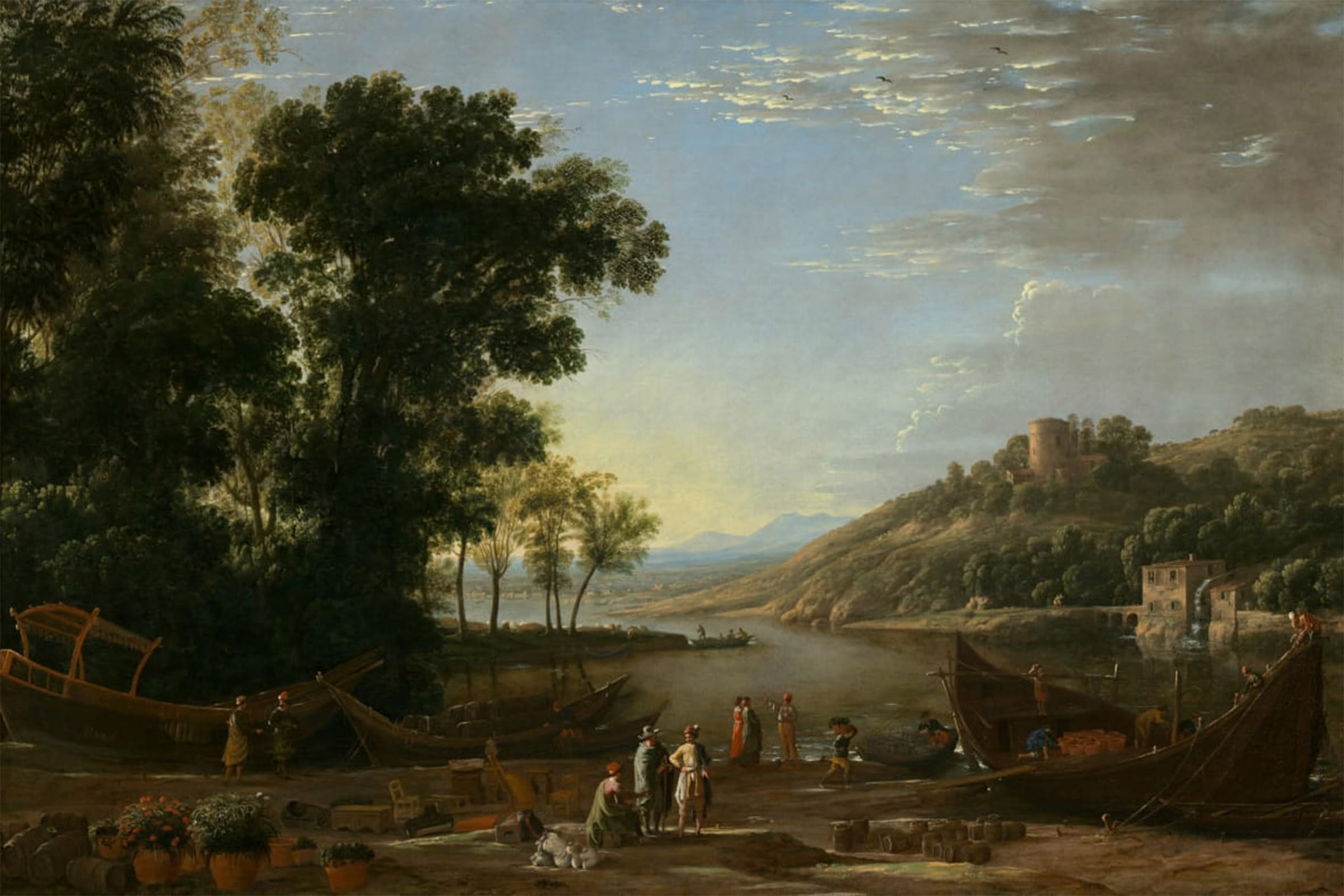 POSTERIIk Famous Modern Artwork Art Mural Landscape with Merchants by Claude Lorrain Oil Paintings Pictures for Home Decor 60x90cm