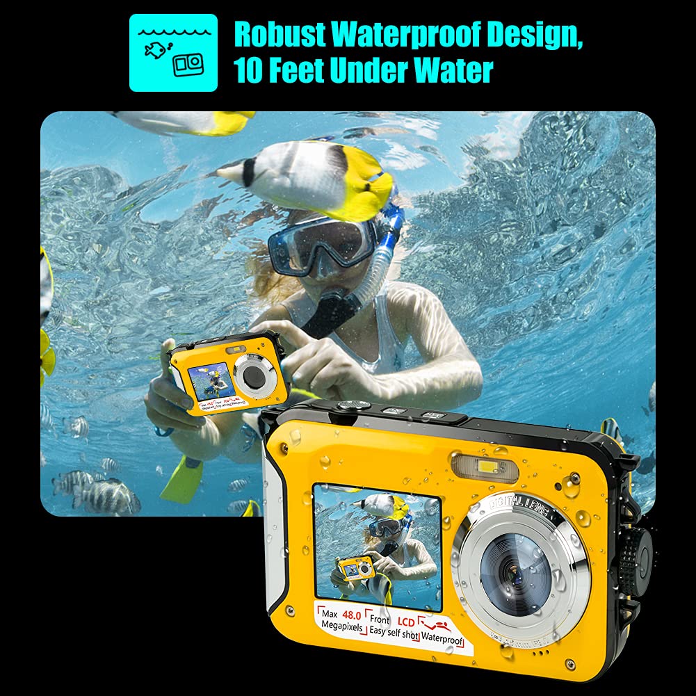 Camara Acuatica, Camara Sumergibles Full HD 2.7K 48MP Camara de Fotos Acuatica con Pantalla Dual, Zoom Digital 16X y Autodisparador