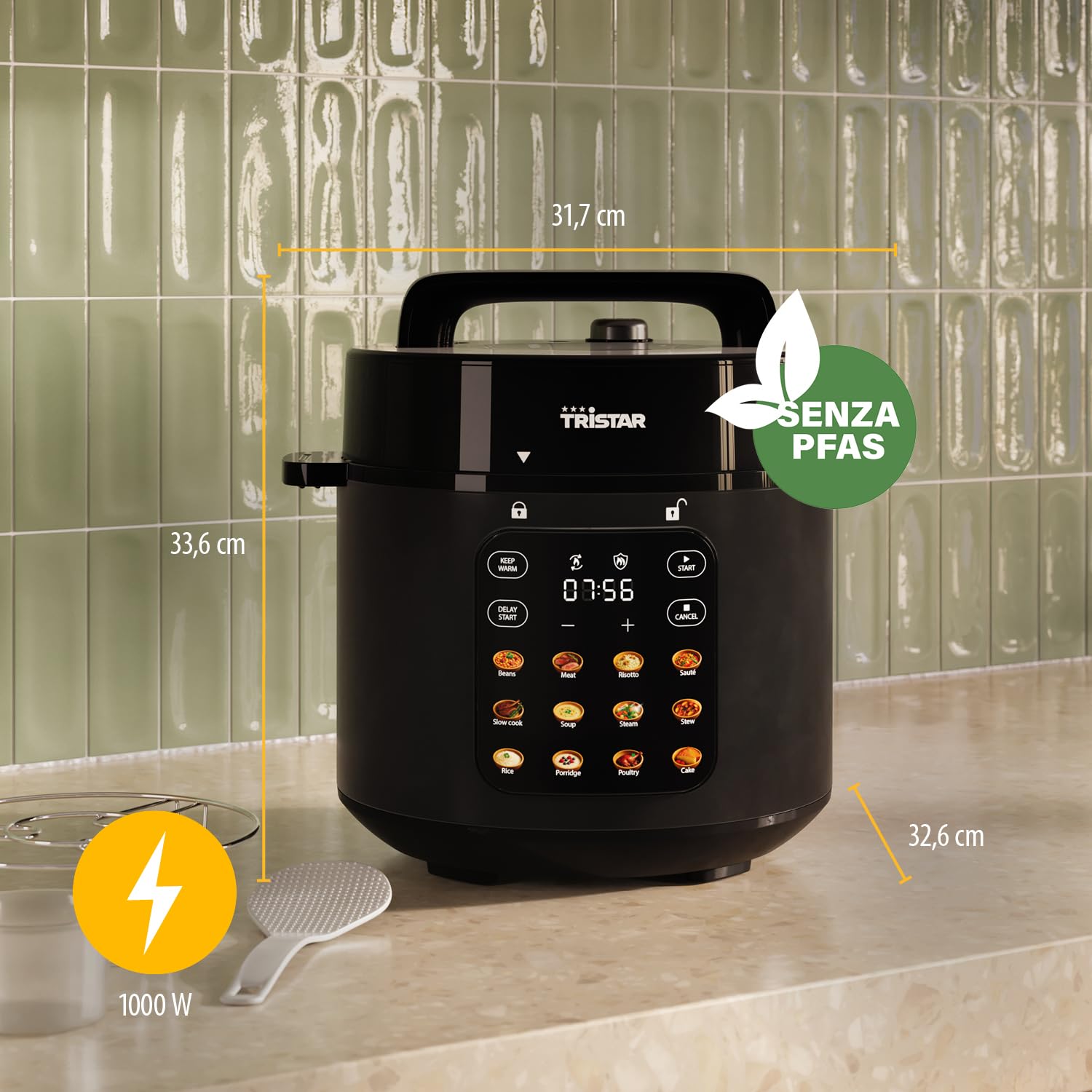 Pentola a Pressione Elettrica Tristar, Capacità 6 l, Potenza 1000 W, Sistemi di Sicurezza Integrati, Pentola Interna Rimovibile, Facile da Pulire, RK-6160