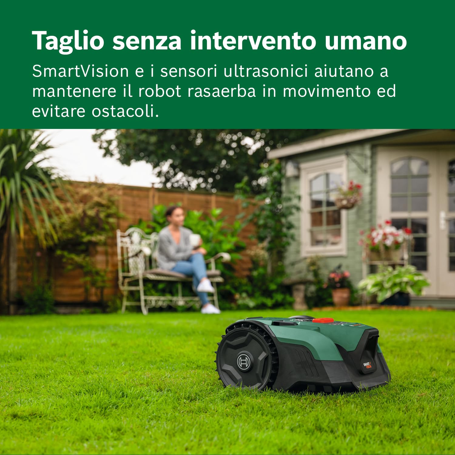 Bosch Robot rasaerba a batteria VISIMOW18V-200 | per prati fino a 200 m², larghezza taglio: 18 cm, altezza taglio: 20-60 mm, con lame ricambio, incl. batteria e caricatore