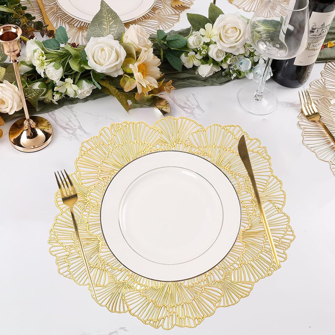 Manteles individuales redondos de vinilo dorado prensado metálico, 3 unidades, 15 pulgadas, resistentes al calor, manteles individuales huecos para decoración de boda, fiesta, cocina