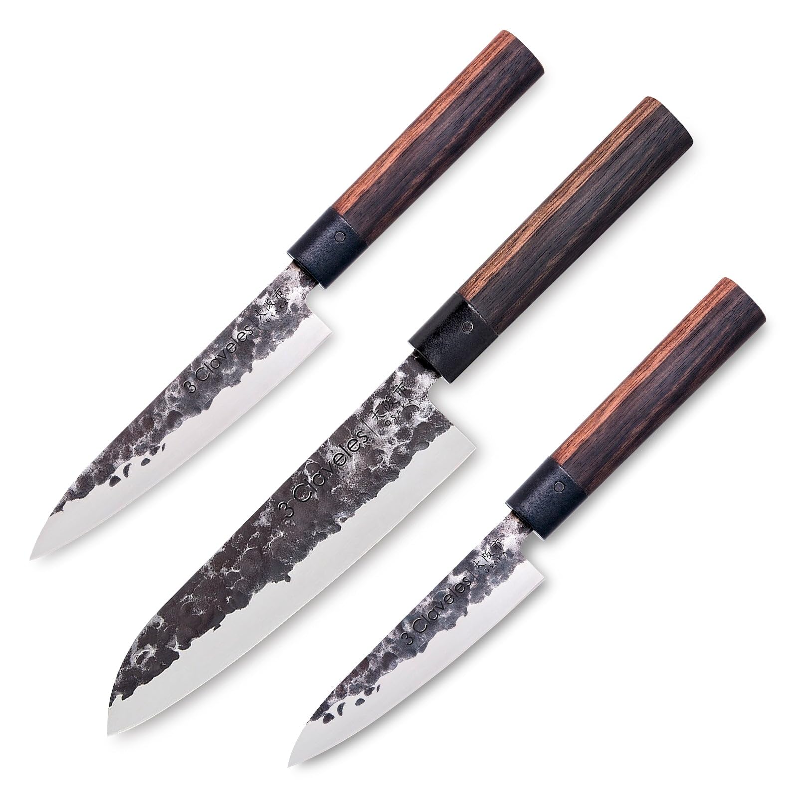 3 Claveles - Juego de 3 Cuchillos Profesionales Estilo Japonés Gama Osaka, Hojas Unicas Forjadas a Mano, Selección Master Chef