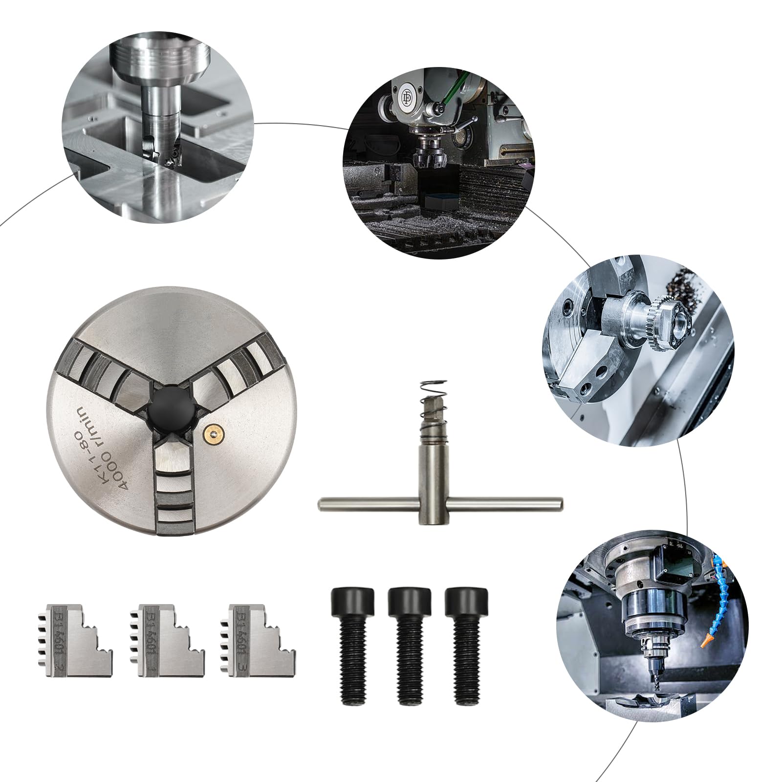 Mandril autocentrado de 3 mordazas, plateado, hierro + acero, rango de sujeción de 2 a 22 mm, rango de sujeción de 25-70 mm, con llave de mandril + mandíbulas, para tornos y CNC