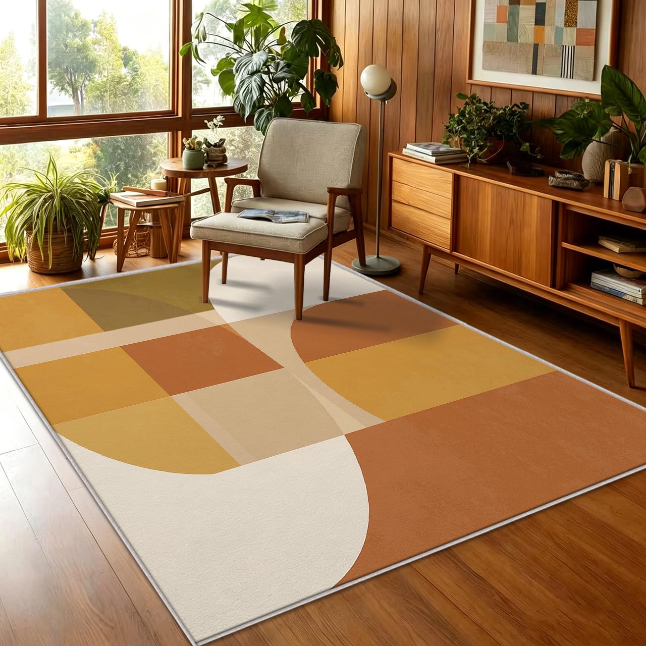 Teppich Geometrisch Wohnzimmer 140 x 200 | Mit Retro Orange Senf-Gelb Muster, Geeignet Schlafzimmer Bettvorleger, Kurzflor Rutschfest Waschbar, Geometrisch Deko