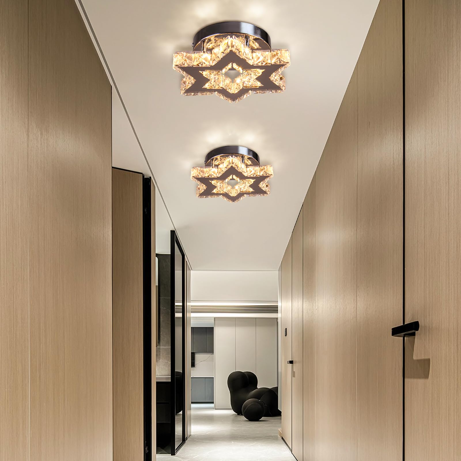 Lustre moderne en cristal à LED avec télécommande Lustre encastré pour entrée, foyer, cuisine, escalier, placard, 3 couleurs ajustables, fonction mémoire