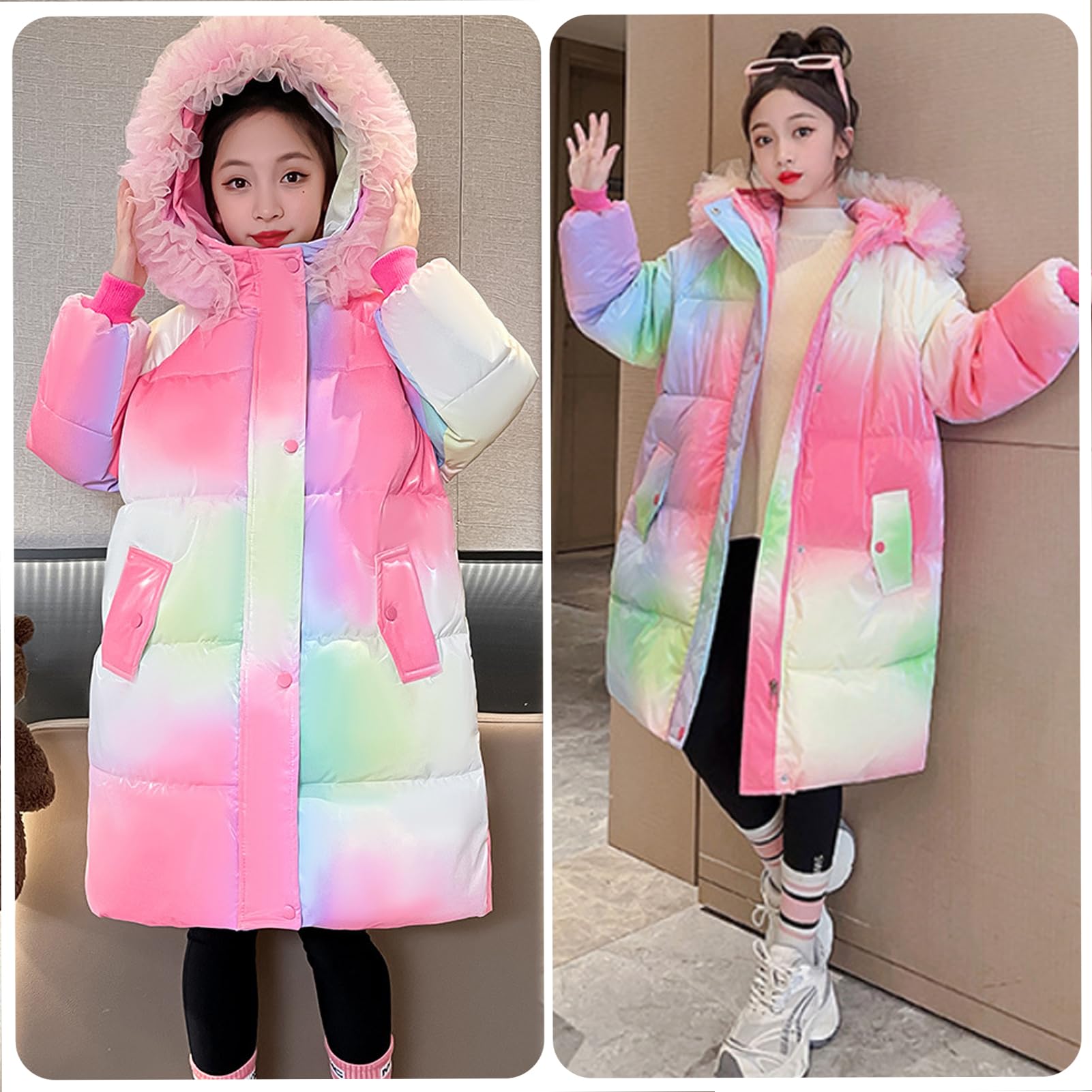 Giacca Trapuntata Bambina Piumino con Cappuccio di Media Lunghezza Cappotto Ragazza di Cotone Spessa per Inverno