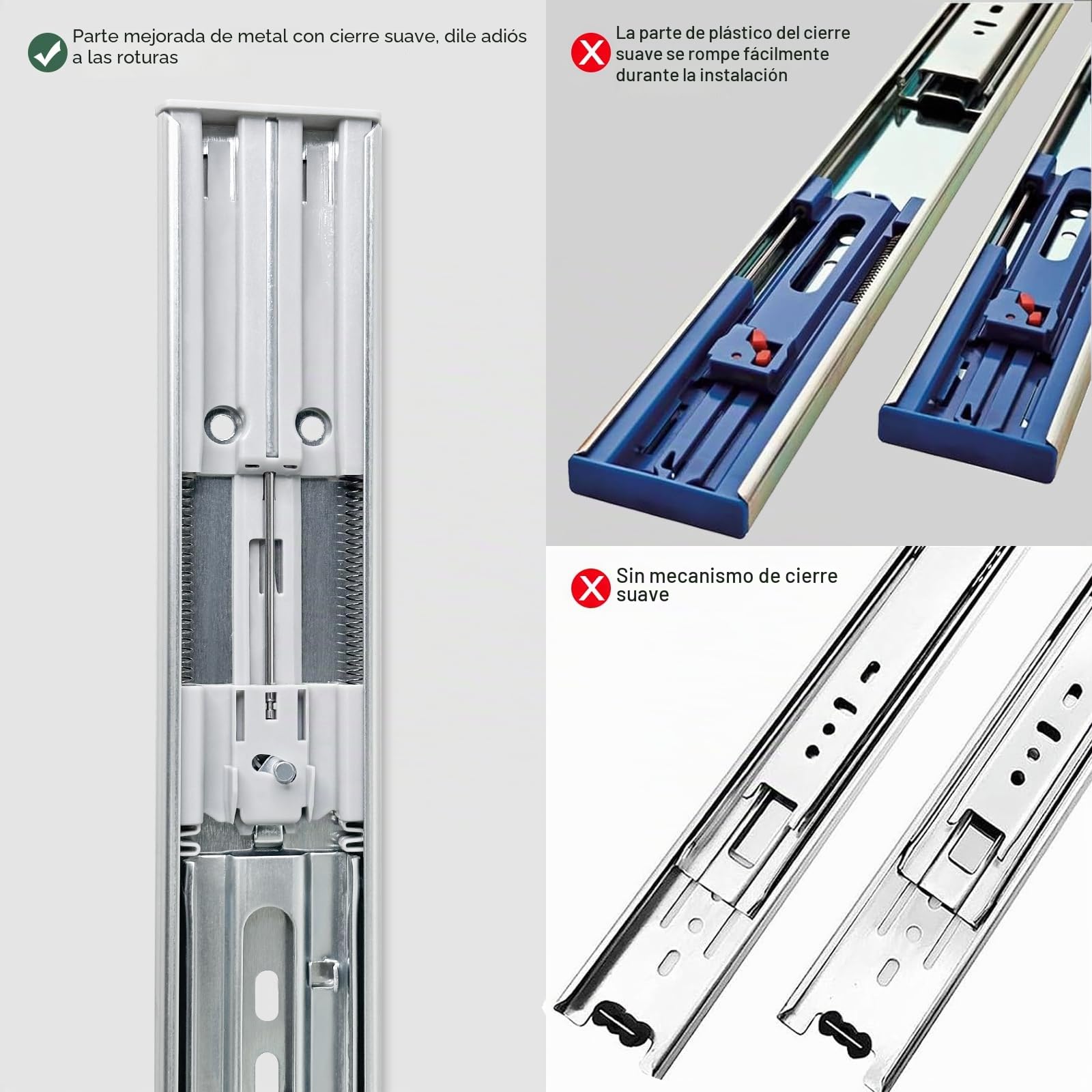 guias correderas para cajones 4 pares (8 piezas), 45 cm Guías para cajones de cierre automático suave, extensión completa con guías con rodamiento de bolas