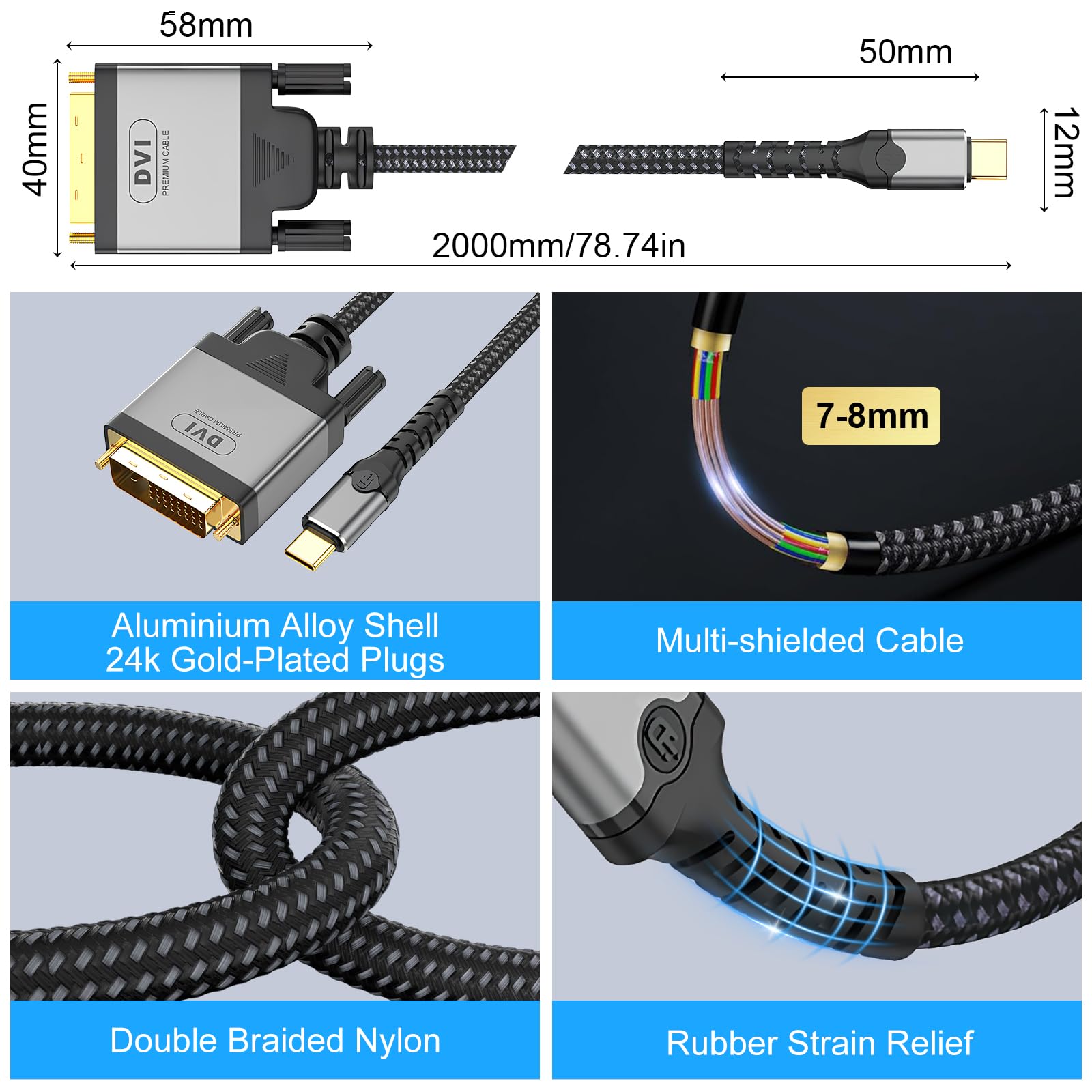 Kabel USB C na DVI 2 m, 4K 30 Hz USB typ C [Thunderbolt 3] do DVI-D 24+1, podwójnie pleciona linka nylonowa, pozłacana wtyczka, kompatybilny z MacBook Pro, Samsung, Surface Book, Dell