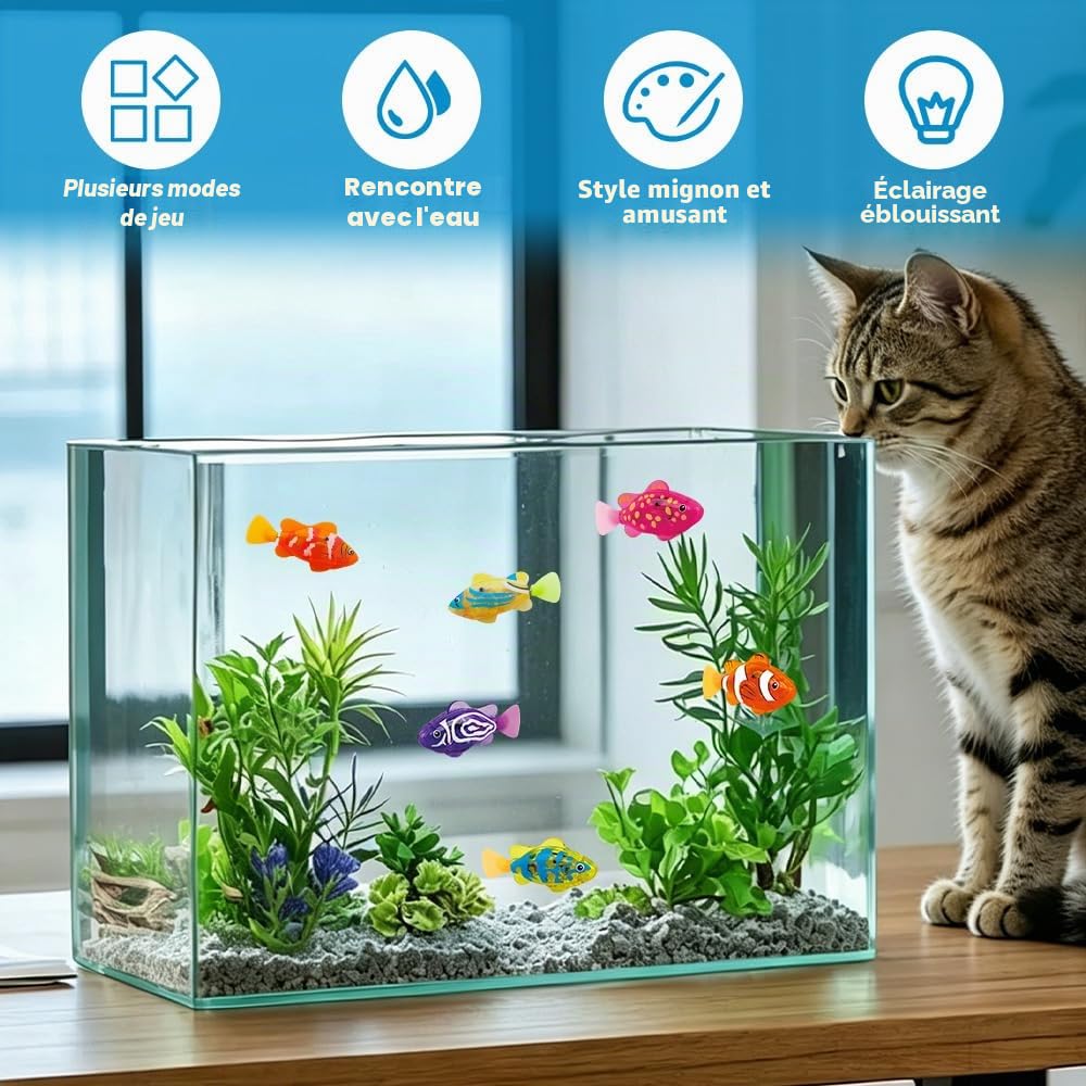 Robo Fish Lot de 6 poissons robots électroniques pour animaux de compagnie avec poissons flottants lumineux, jouets réutilisables pour animaux de compagnie, piscine, baignoire, aquarium