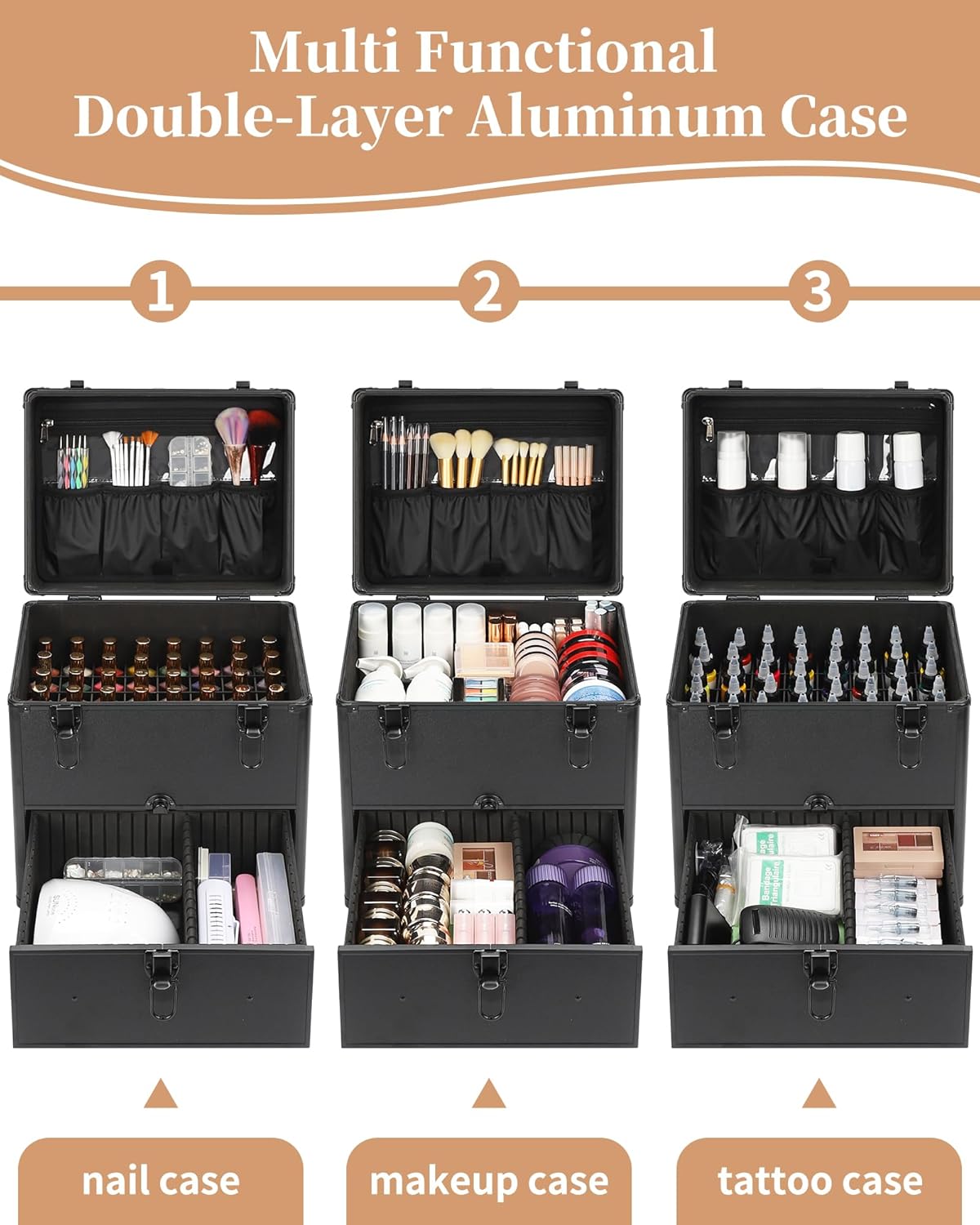 Professional Nail Polish Organizer & Storage Case, Double Layer Travel Nail Supplies Container Holds 96 Bottles & Full Size Nail Lamp, Multi-functional Aluminum Box for Nail Tech, Tattoo & Makeup
