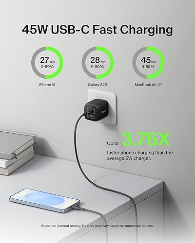 Miniatura 10 de Belkin BoostCharge Pro - Cargador de pared dual USB-C GaN de 45 W, cargador multipuerto con 2 puertos USB-C PD 3.0 de carga rápida para MacBook,