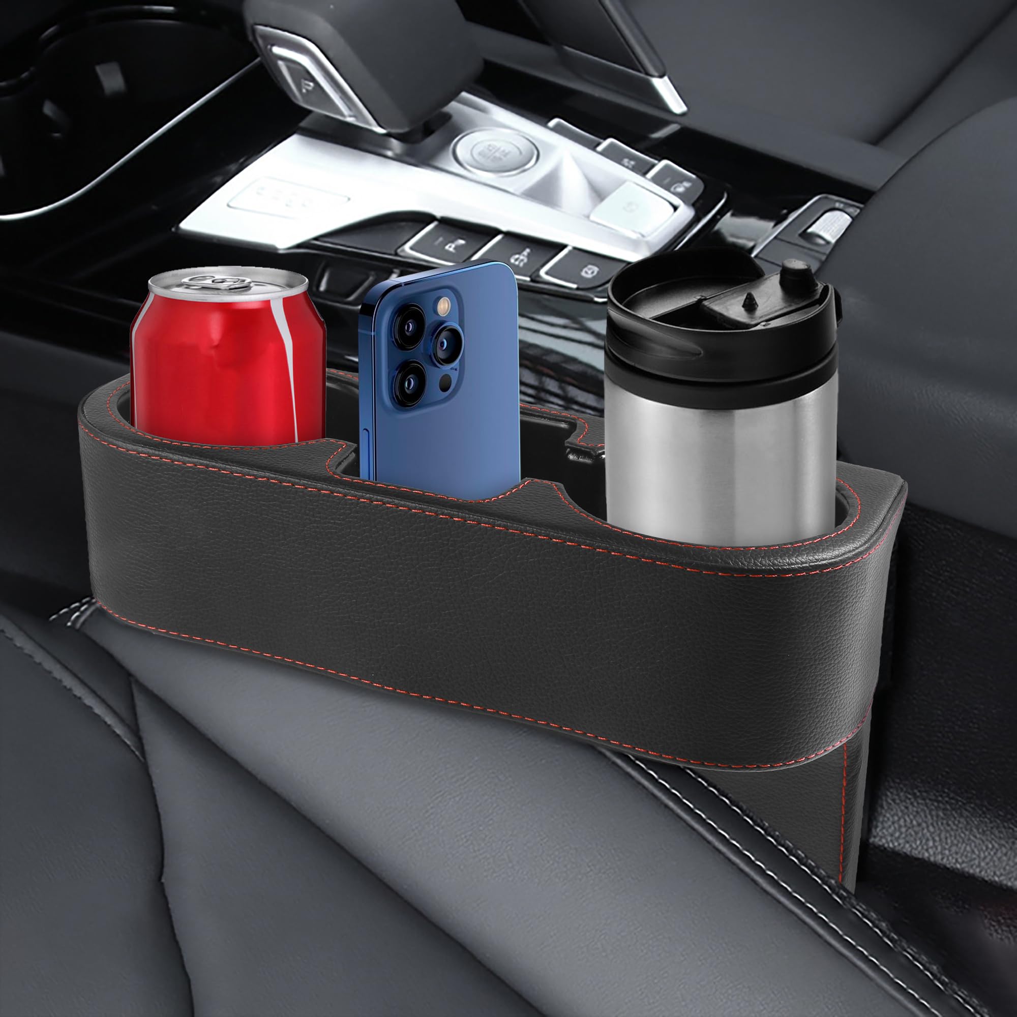 Portavasos SCUARI para coche, accesorio para coche, portavasos para coche, relleno de hueco para asiento de coche con portavasos, portavasos adicional para coche, organizador multifuncional para asiento de coche, portavasos para coche, camión, SUV, color negro