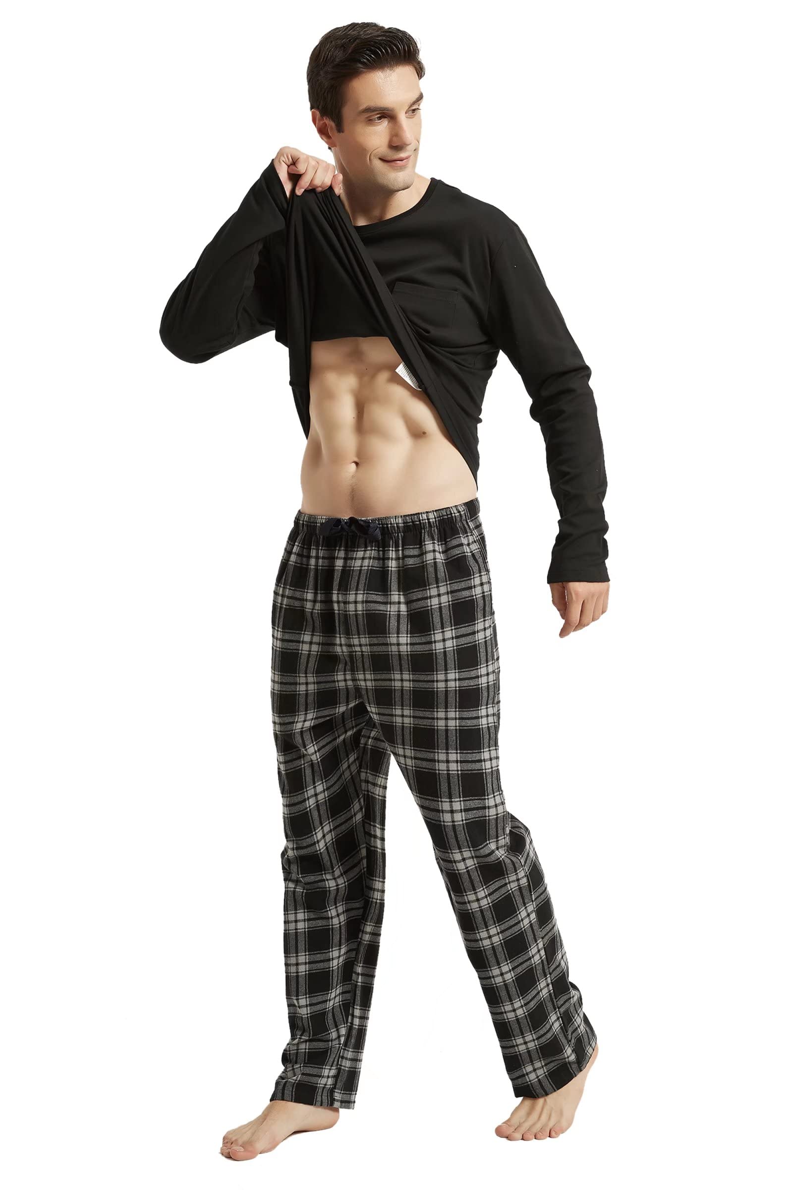 Amaxer Pigiama Uomo Cotone Lungo di Flanella Set da Notte Top a Manica Lunga con Tasche Pantaloni con Coulisse