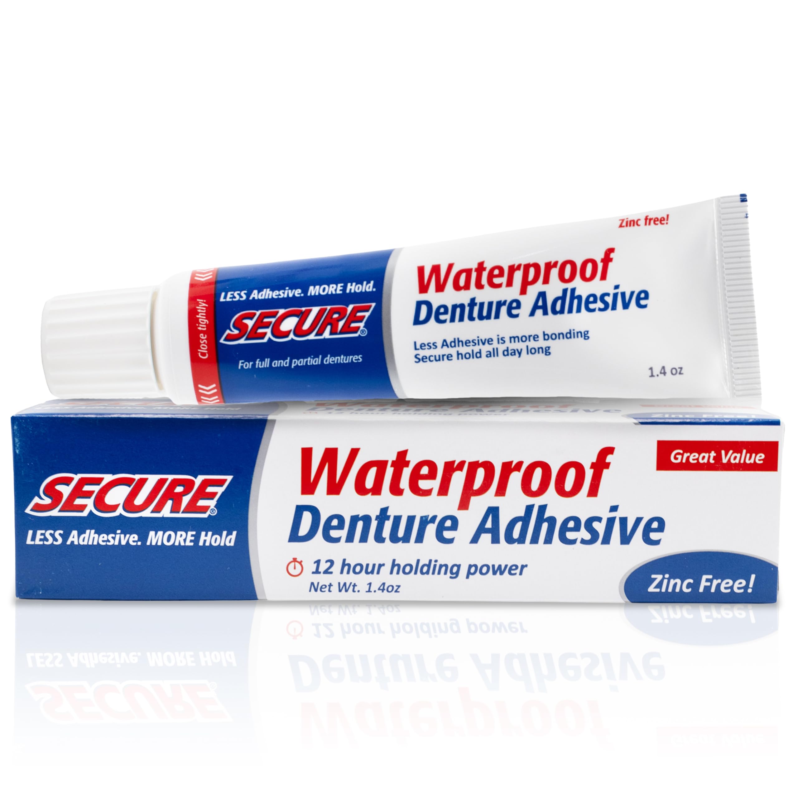 SecureWaterproof Denture Adhesive - Zinc Free - Extra Strong Hold For Upper, Lower or Partials - 1.4 oz