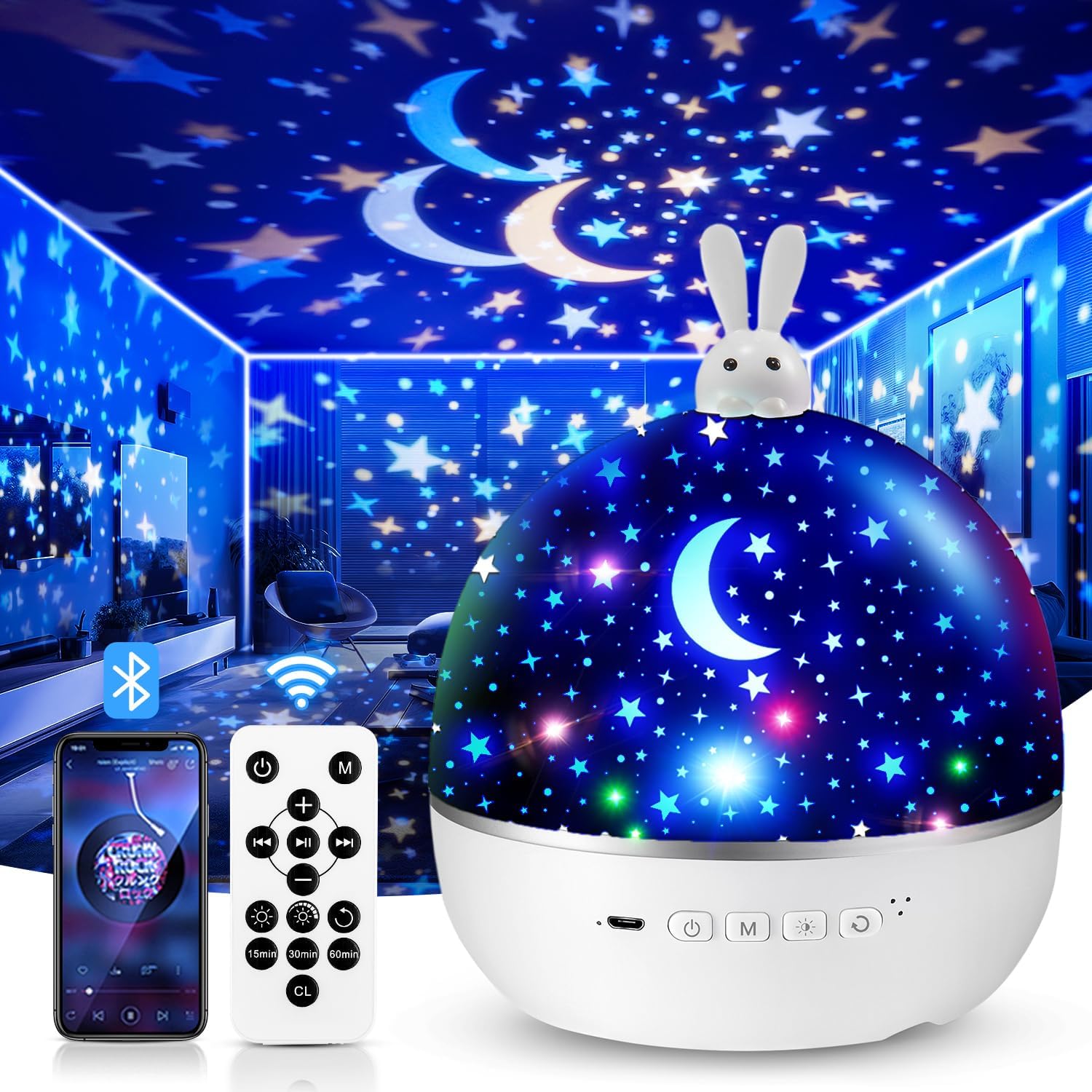 One Fire Proiettore Stelle Soffitto Bambini, 15 Films Luce Notturna Bambini, Bluetooth Musica 360° Lampada Proiettore Bambini, USB Ricaricabile Proiettore Soffitto Regalo Bambini Decorazioni Camera