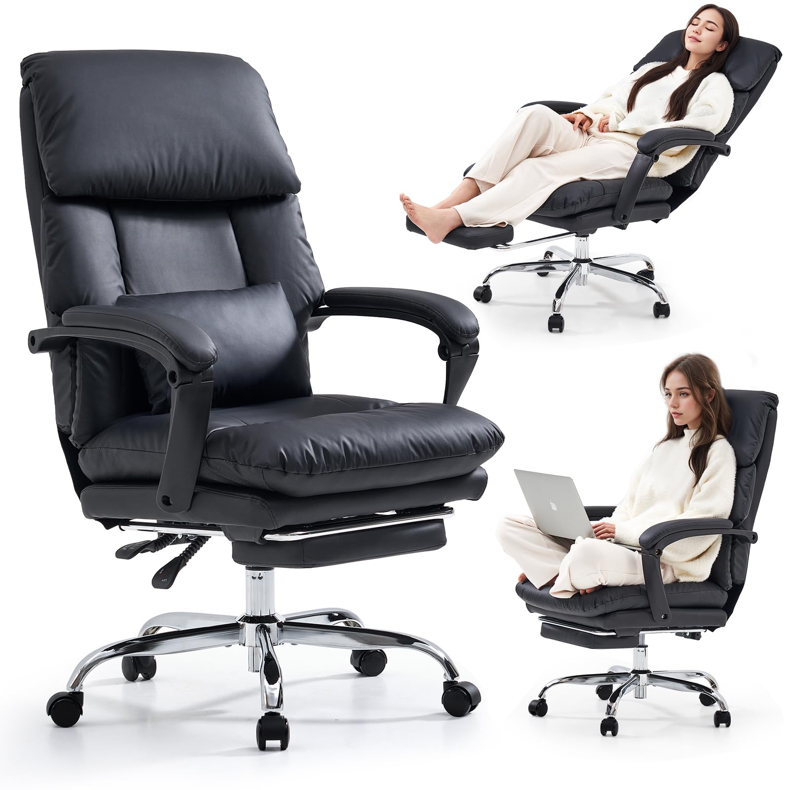EMIAH Ergonomic Office Chair with Lumbar Support, Comfortable Thickened Cushion Adjustable Swivel Executive Desk Chair with Wheel and Footrest, PU Leather Home Computer Chair with High Back (Black)
