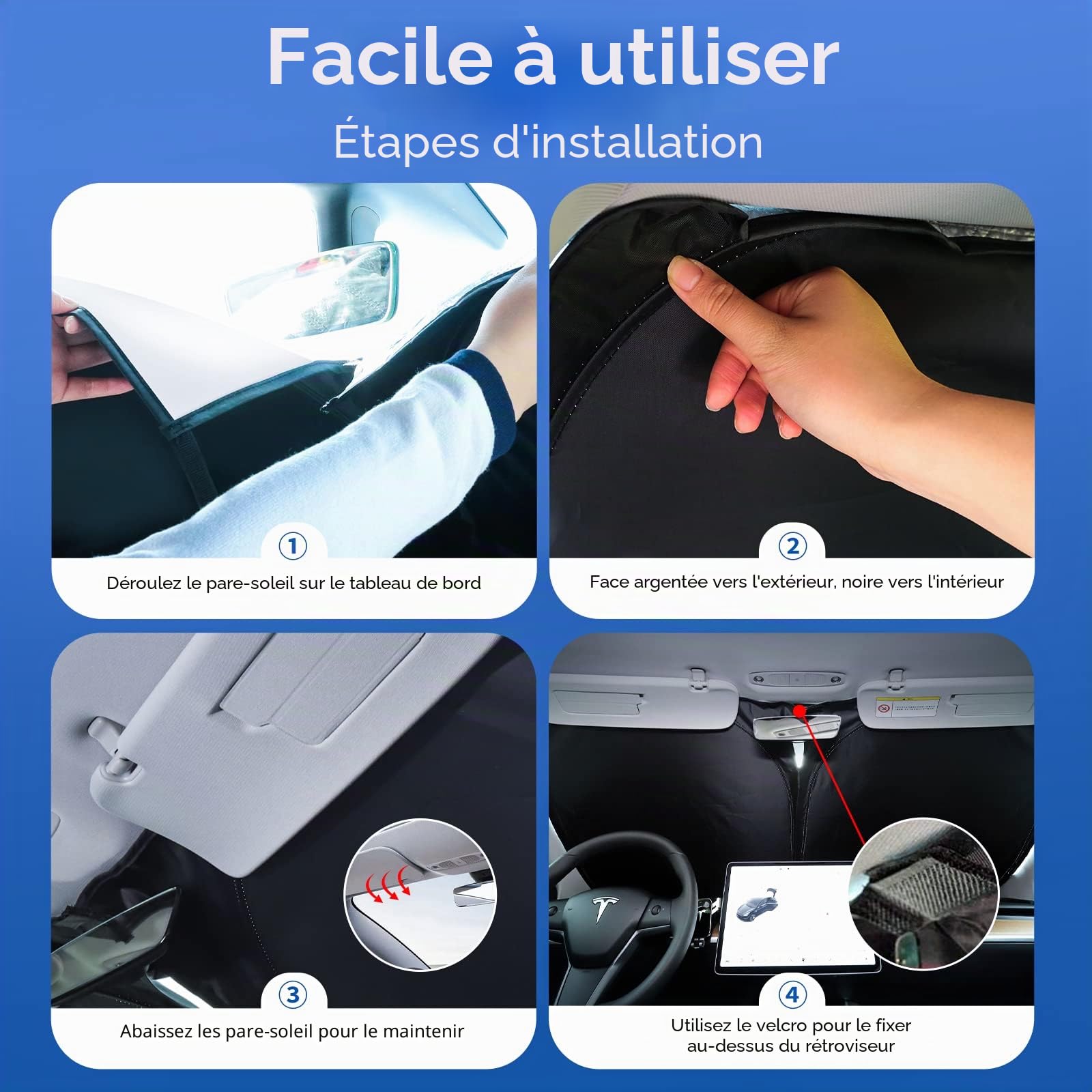 Pare-Soleil Pliable pour Tesla Model 3/Y (Mise À Jour 2026) – Pare-Brise Avant, Tissu Opaque Double Couche, avec Sac De Rangement – Accessoire pour Tesla Model 3 Model Y 2019-2026