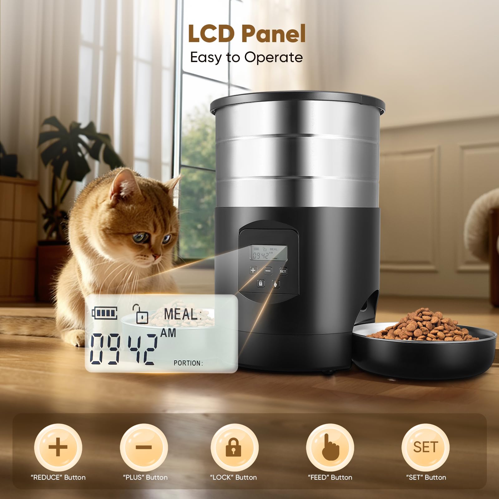 Comedero Automático Gatos 5L con 2 Cuencos, WiFi 2.4G & App Temporizador, Dobles Cuencos Interior Comedero Inteligente, Alimentación Doble con Control de Botones