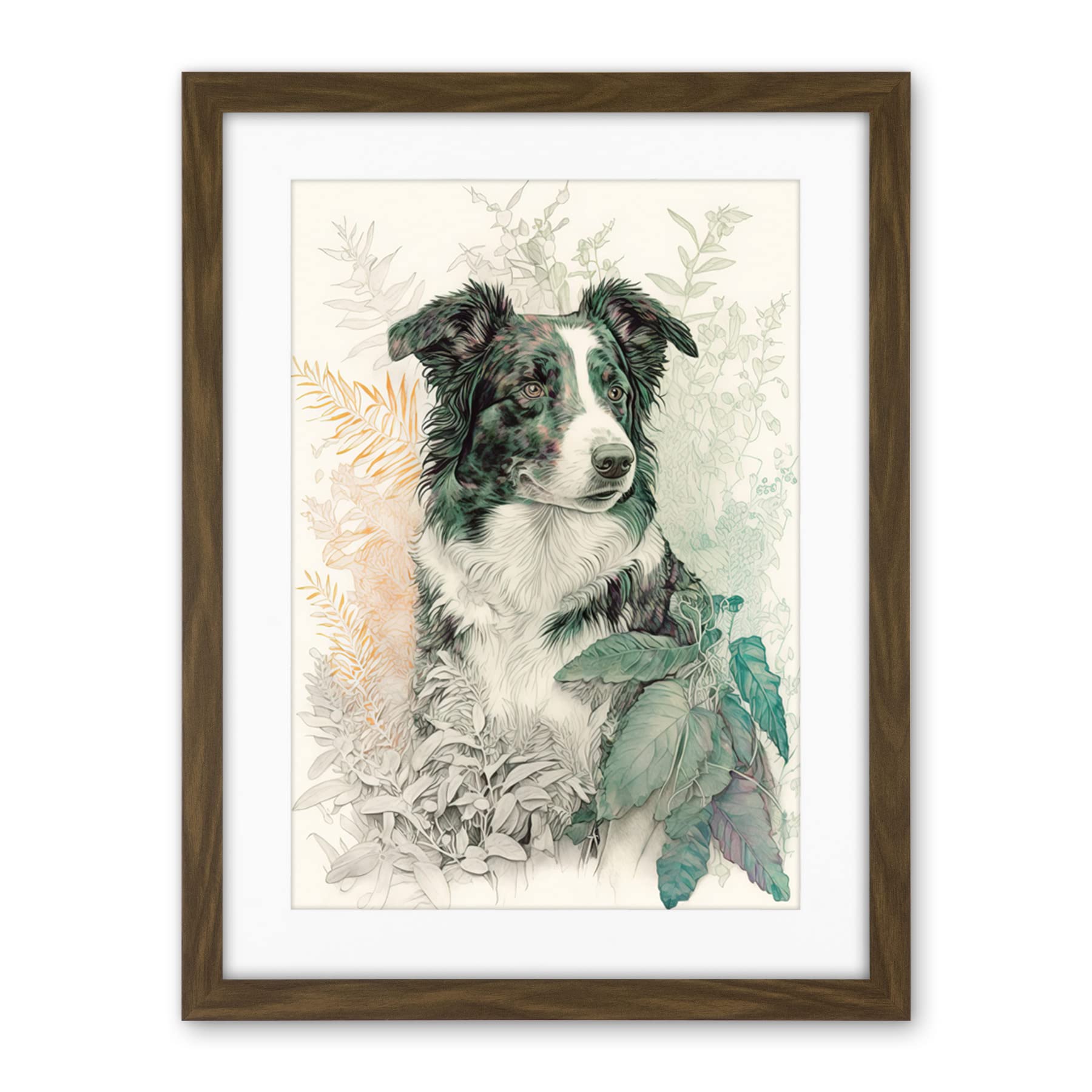 Artery8 Border Collie Dog in Field Modern Colour Pencil Portrait Illustration Artwork Framed Wall Art Print 18X24 Inch