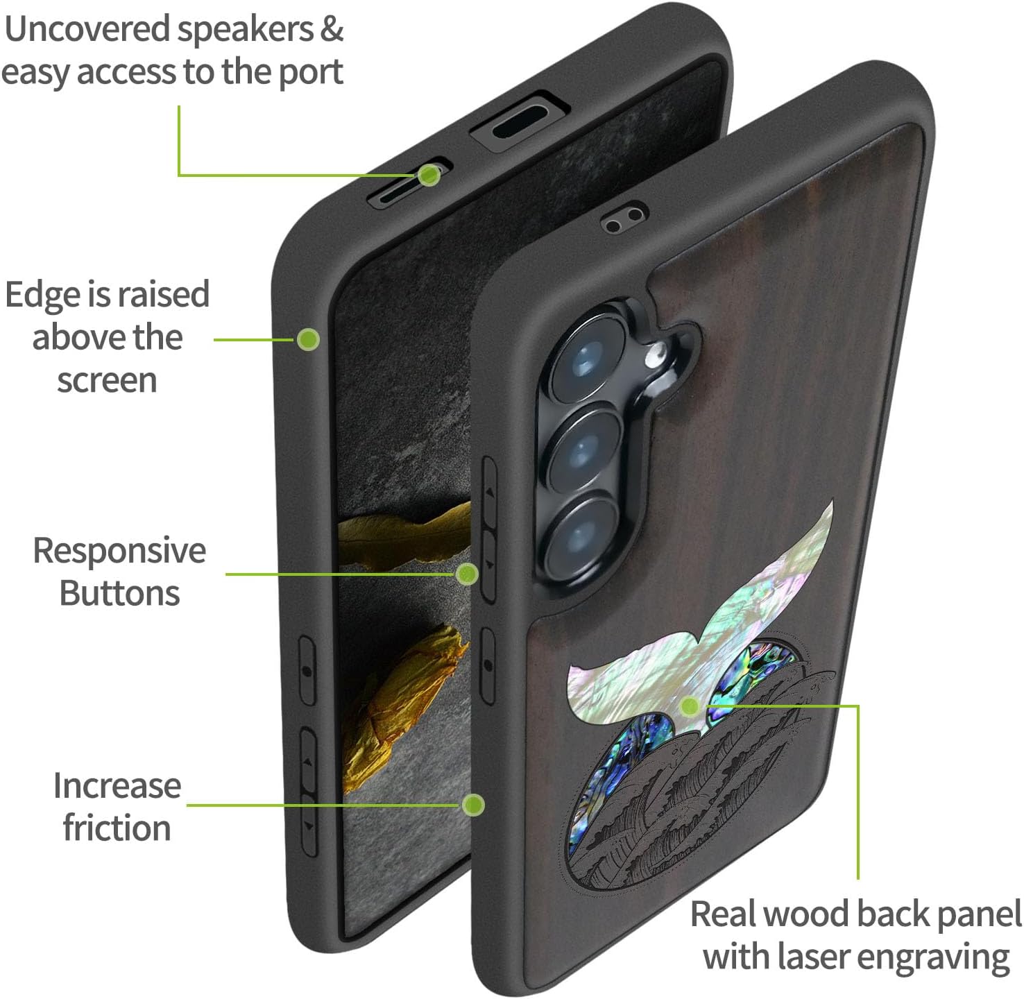 Carveit Magnetic Wooden Case for Galaxy S25+ / S25 Plus Case, Wood Artisan Engraved & Handmade Shell Inlaid, Compatible with MagSafe Wireless Chargers (Whale Tail) Blackwood