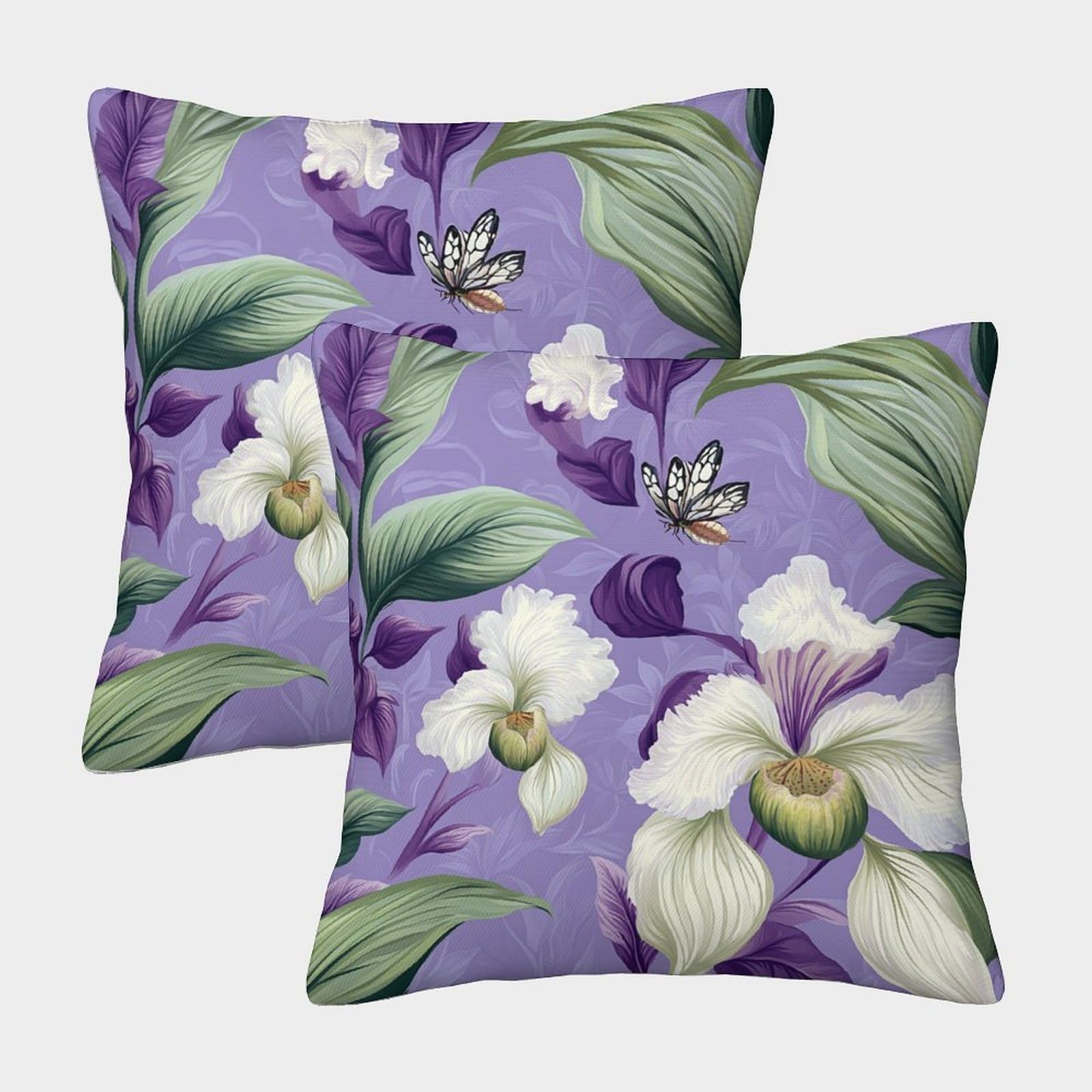 kaiyun 2 Pack Cartoon Flowers.Green Paphiopedilum, Violet Leaves Luxury Digital Printed Soft 3D Themed Square Cushion Cover 50x50cm
