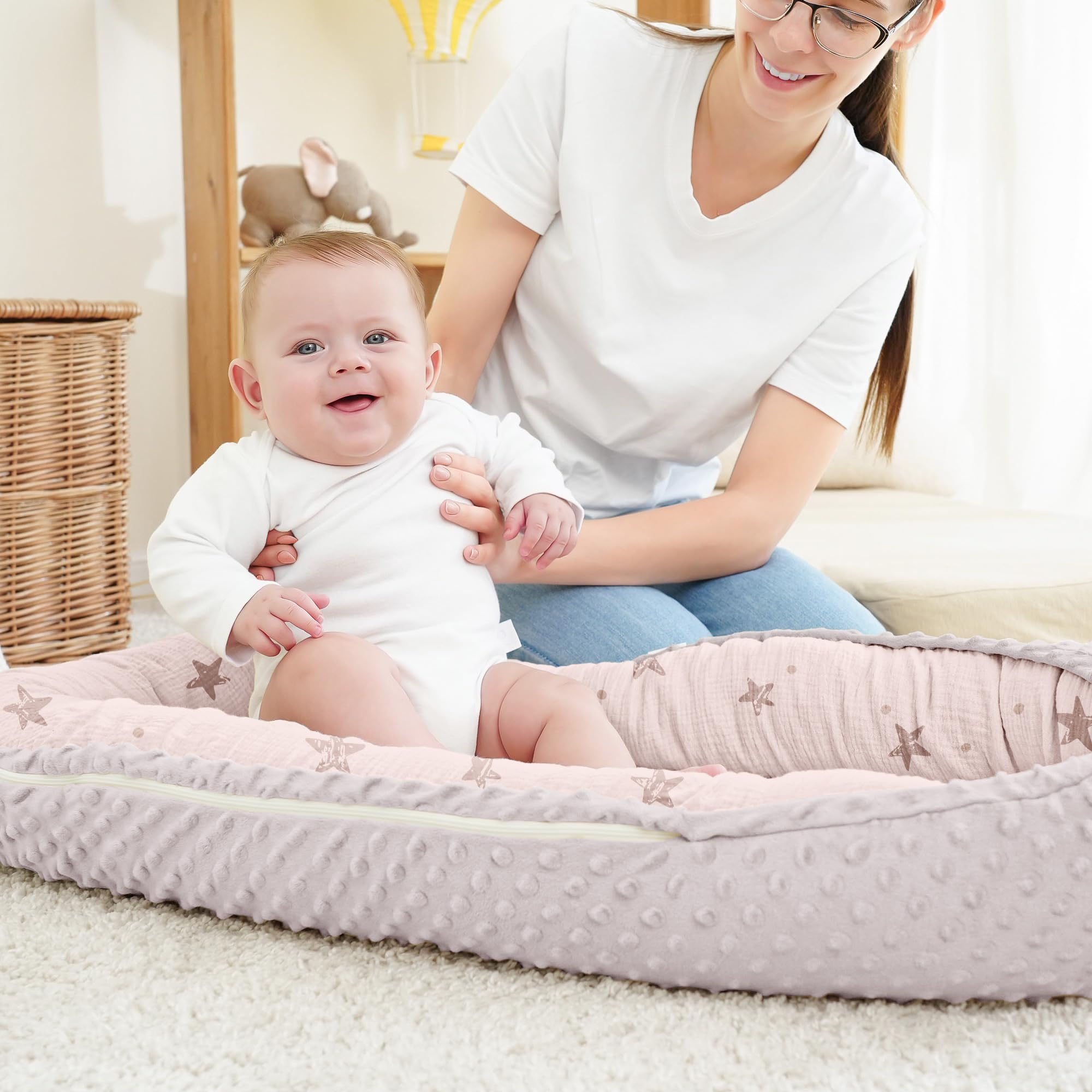 Bearmoss Baby Nido bebé recién Nacido 90x50 cm - Reductor Cuna Cuco de colecho Minky Winter cálido Capullo Ideal para moisés(Estrella Rosa)
