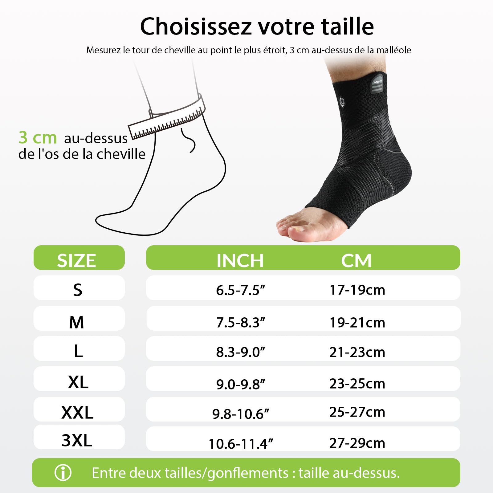 ZOELION Chevillère de Maintien Sport, Attelle Cheville à Compression Médicale avec Sangle X Réglable, pour Entorse, Fasciite Plantaire, Tendon d’Achille, Douleur, Gonflement, Homme Femme, M