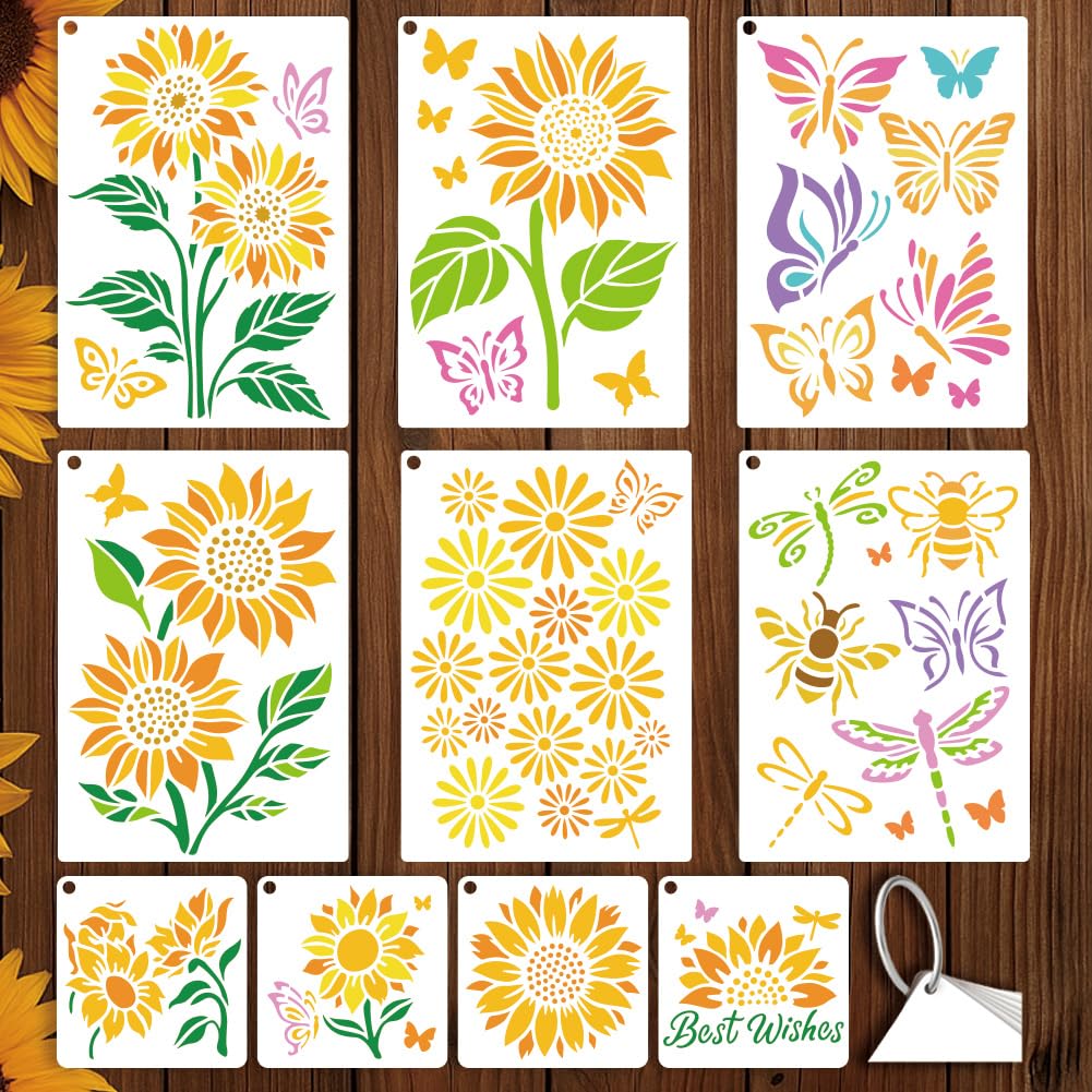 GOMAKERER 10 Sheets Sunflower Butterfy Stencils for Painting, 2 Sizes Flower Clusters Reusable Drawing Templates Floral Plastic Art Templates for Painting on Wall Wood Home Decor, 15x15cm/29.7x21cm