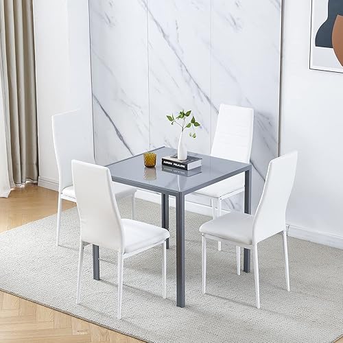 Juego de 4 mesas de comedor y sillas de comedor de cristal negro de 5 piezas, moderna mesa cuadrada de cocina pequeña y 4 sillas de comedor que