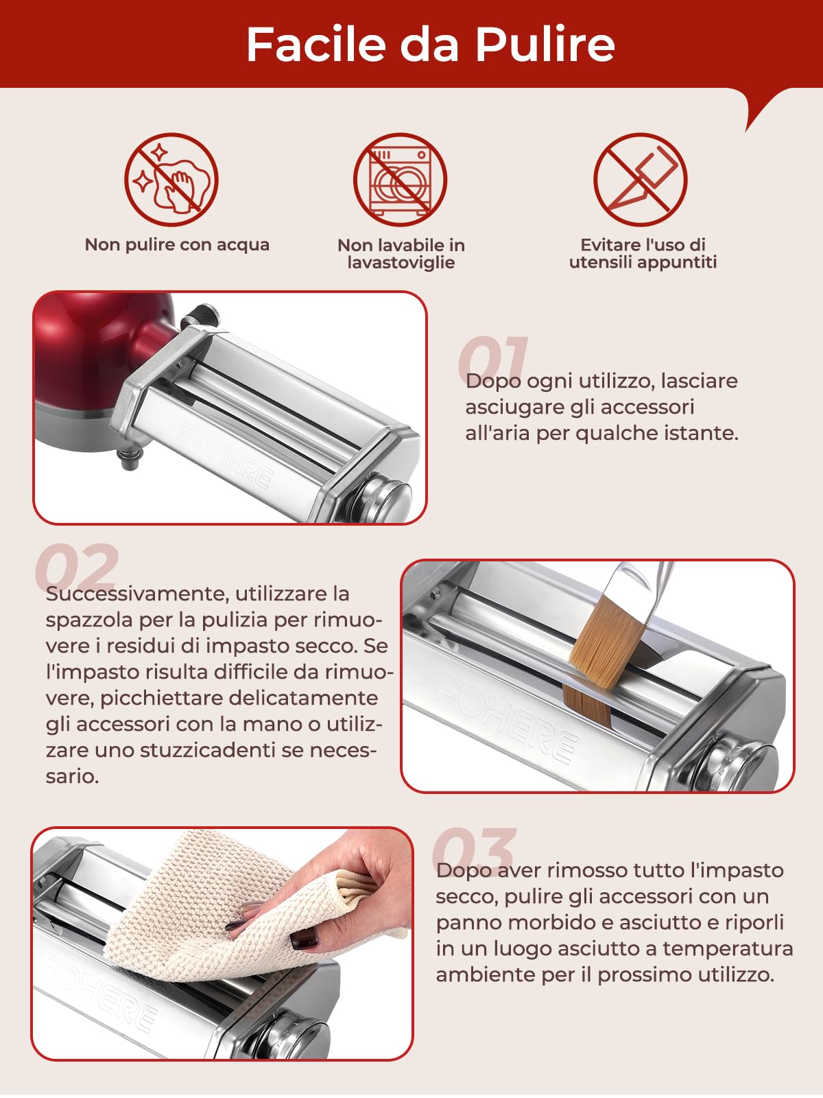 FOHERE Accessorio per Pasta per KitchenAid, Kitchenaid Accessori Inclusi Rollio per Pasta e Spazzola per la Pulizia (7 Spessori Regolabili)