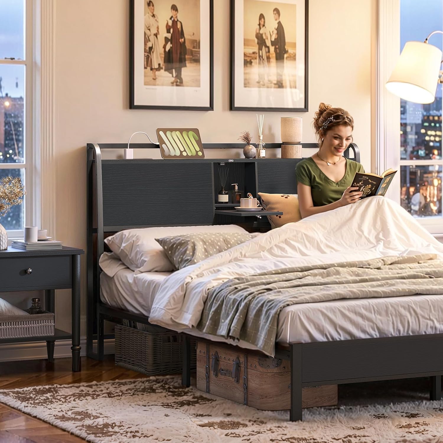 Headboard Queen Size Only, Headboard with 2 Power Strips, Industrial Head Board with Flip Door and Bed Frame Adapter, Height Adjustable, Black