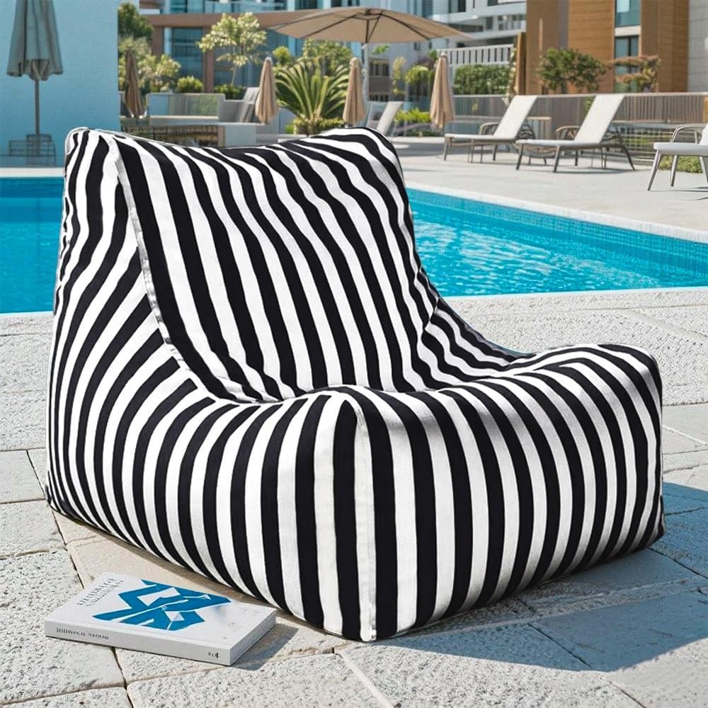 Floating Bean Bag For Pool No Fillers Outdoor Waterproof Bean Bag Lounge Chair Weather Resistant Patio And Poolside Lounge Seating Waterproof Swim Pool Floats Beanbag Chair(Black and white striped)