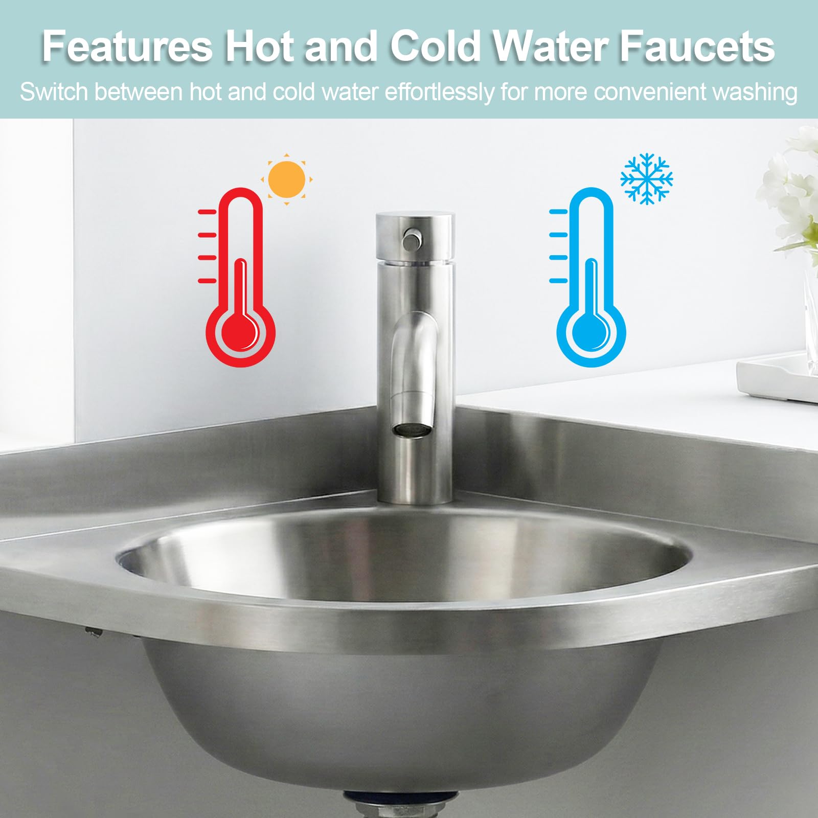 Lavabo angolare in acciaio inox con rubinetti per acqua calda e fredda, 21 x 21 x 15 cm, montaggio a parete, triangolare, salvaspazio, lavello singolo per cucina, camper, bagno, toilette