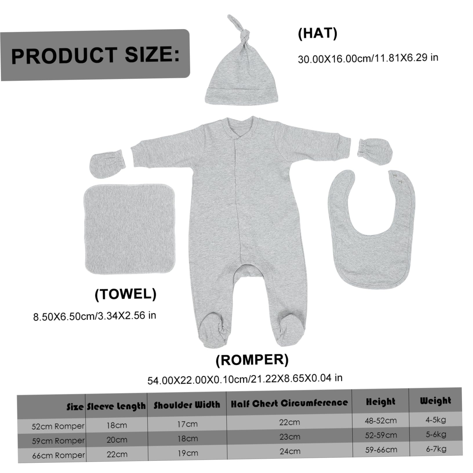 PartyKindom Newborn Outfit Set Hat Mittens Baby Clothes 52cm Grey Design Warm Retention Safe for Baby