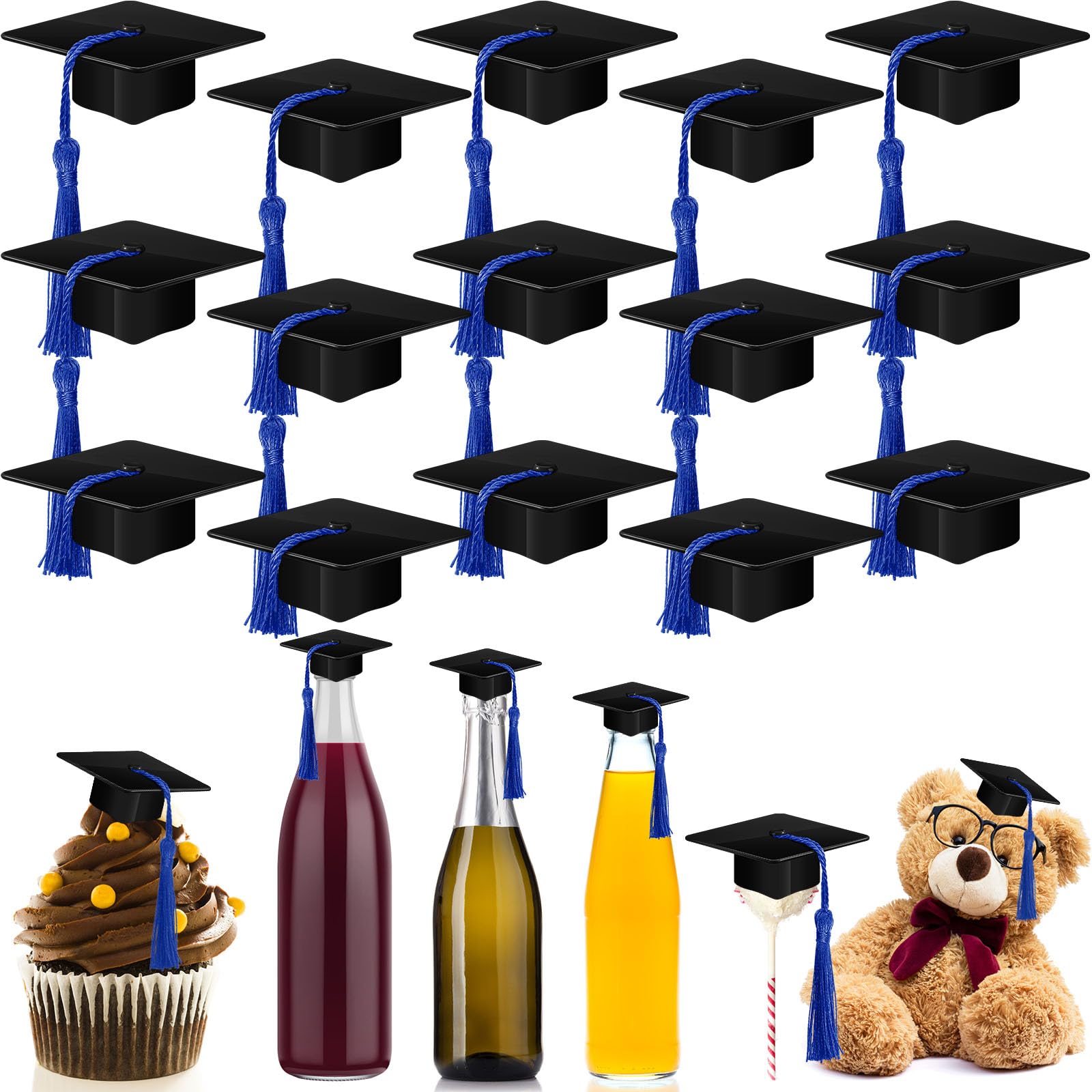 Photo 1 of  ***STOCK PHOTO REFERENCE ONLY***Pieces Mini Graduation Cap Black Hats with Blue Tassels Plastic Grad Cake Pops Cover Toppers for Graduation Party Decorations