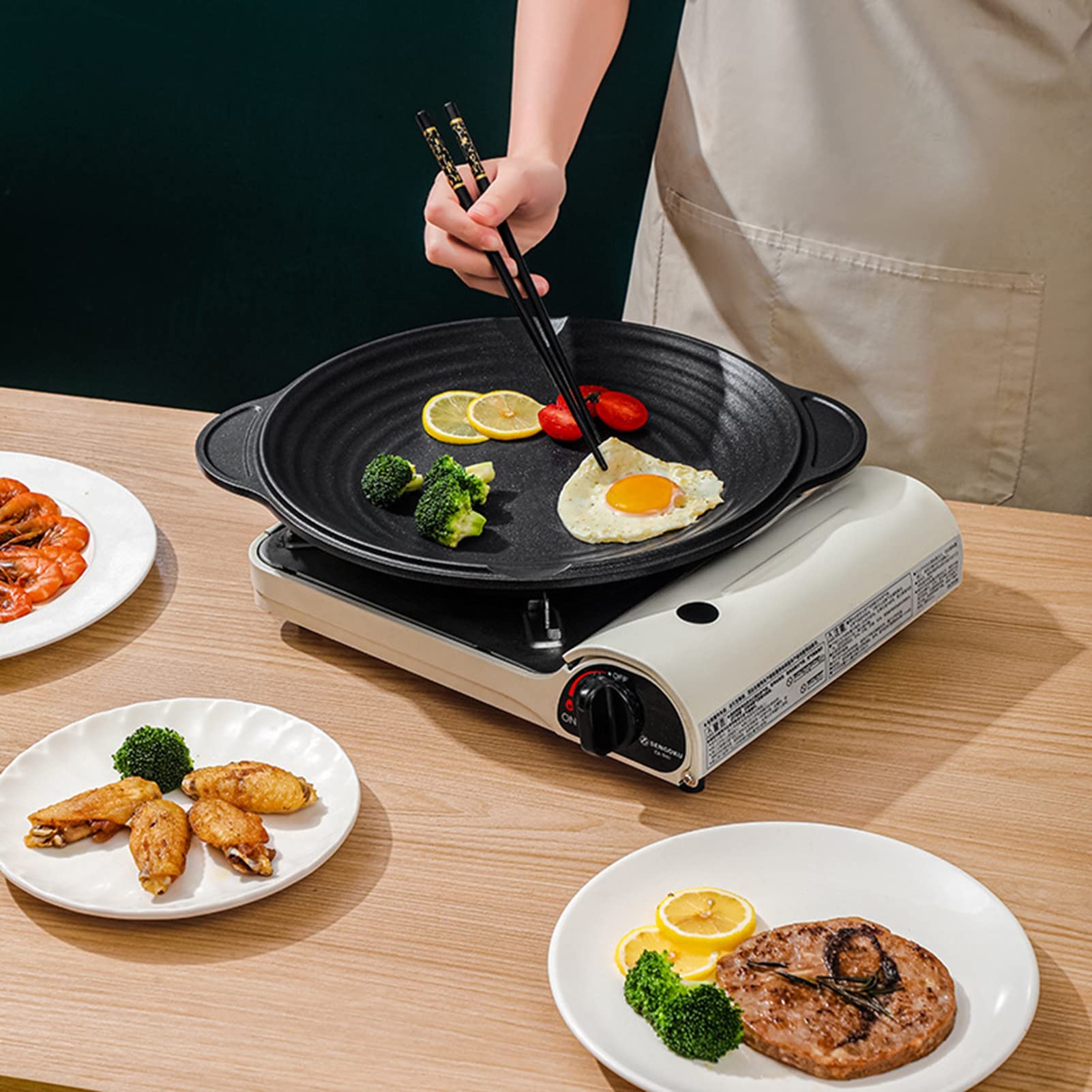FLEXMAN Griglia Antiaderente, Griglia Multifunzione in Lega di Alluminio Nera, Padella Profonda, Accessori per Fornelli per Barbecue Rotondi per Barbecue, Campeggio, Viaggi (38 cm)