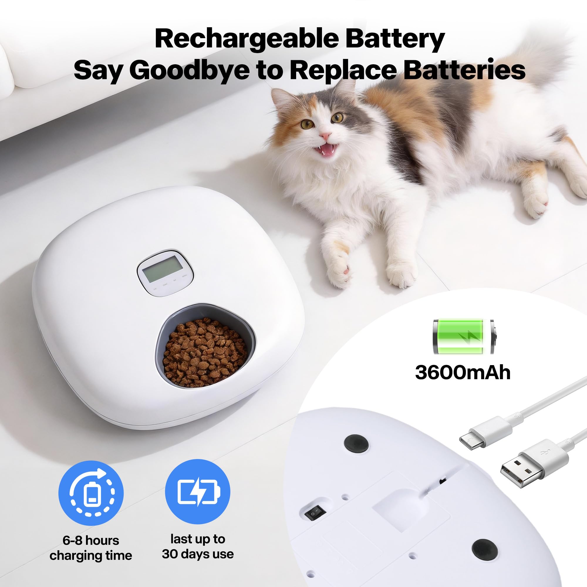 PetPrime 6-Meal Automatic Cat Feeder with Two Ice Packs,Cordless Rechargeable Cat Food Dispenser for Cats and Small Dogs Wet Food Auto Pet Feeder White - image 5