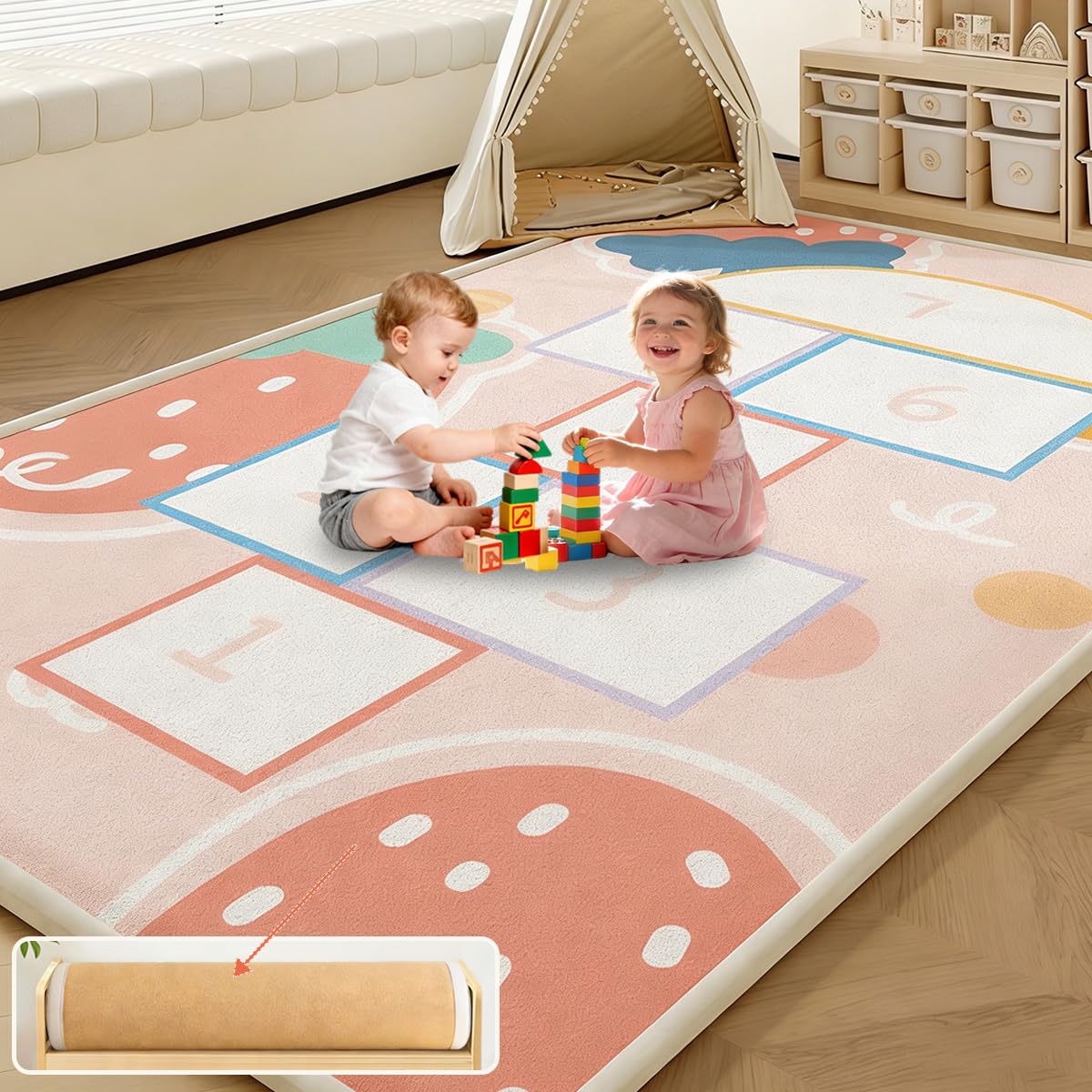 Tappeto Morbido Bambini Spessa 2.5 CM, Antiscivolo, Tappeto Neonato Gattonamento, Pelo Corto Tatami Tappeti Salotto, Camera da Letto, Bambini Cameretta 180 x 180 cm