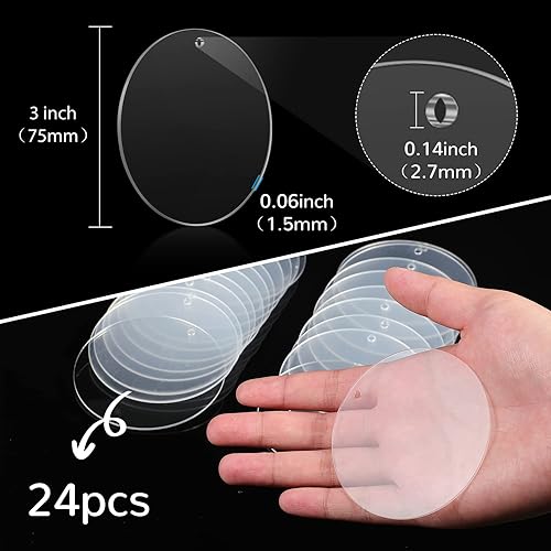 Miniatura 2 de 24 piezas de llavero acrílico de 3 pulgadas en blanco, círculos acrílicos de 0.06 pulgadas de grosor, adornos de disco transparente con agujero,