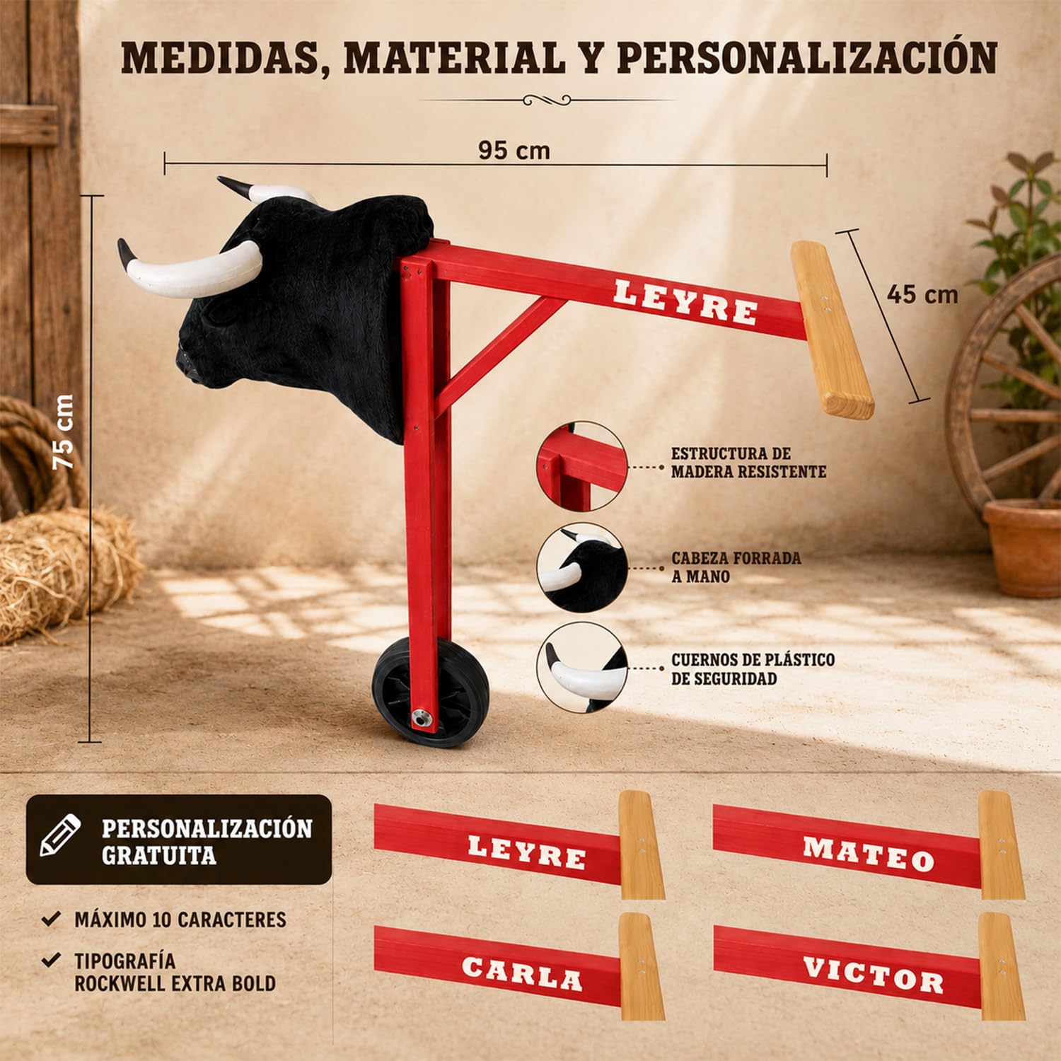 Carretón de madera mediano para niños 75 cm, toro con ruedas personalizable con nombre, cabeza de fibra y cuernos de plástico, juguete taurino infantil para encierros y bous al carrer desde 5 años