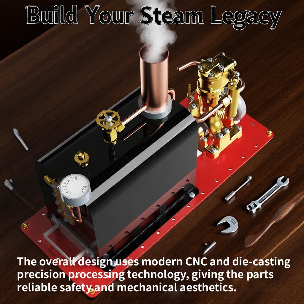 Steam Engine Model with Boiler DIY Kit, RW-BL1K Mini Reversible Reciprocating Single-Cylinder Live Steam Engine Model Kit for Steam Boat Collectors and Industrial Enthusiasts