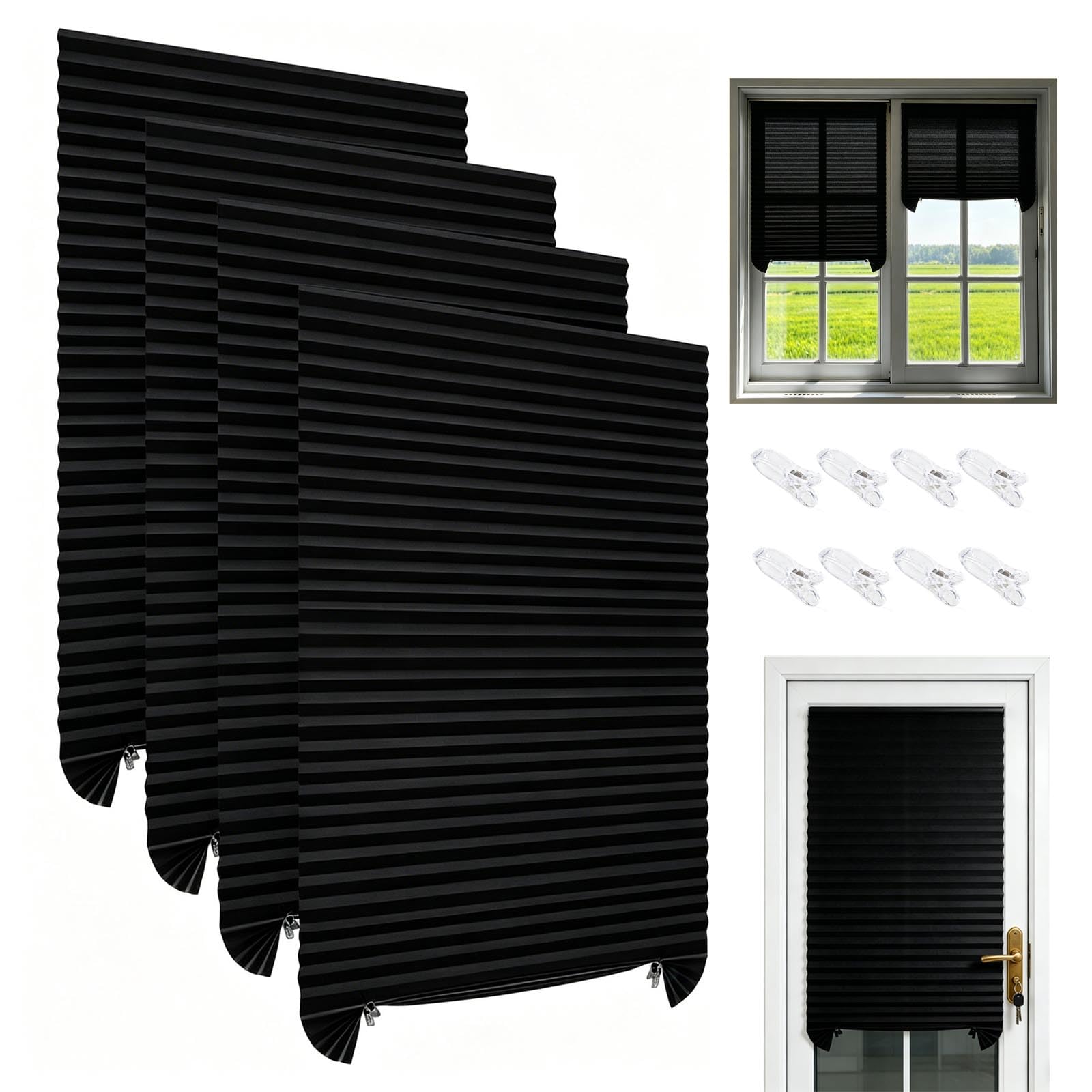 CAAGGMM No Drill Temporary Blinds Stick on, 4 Pack 90 x 180 cm Temporary Blackout Blind, Easy fit Self Adhesive Blind, Home Pleated Non Woven Fabric Blinds, for Patio Doors Kitchen Bathroom, Black