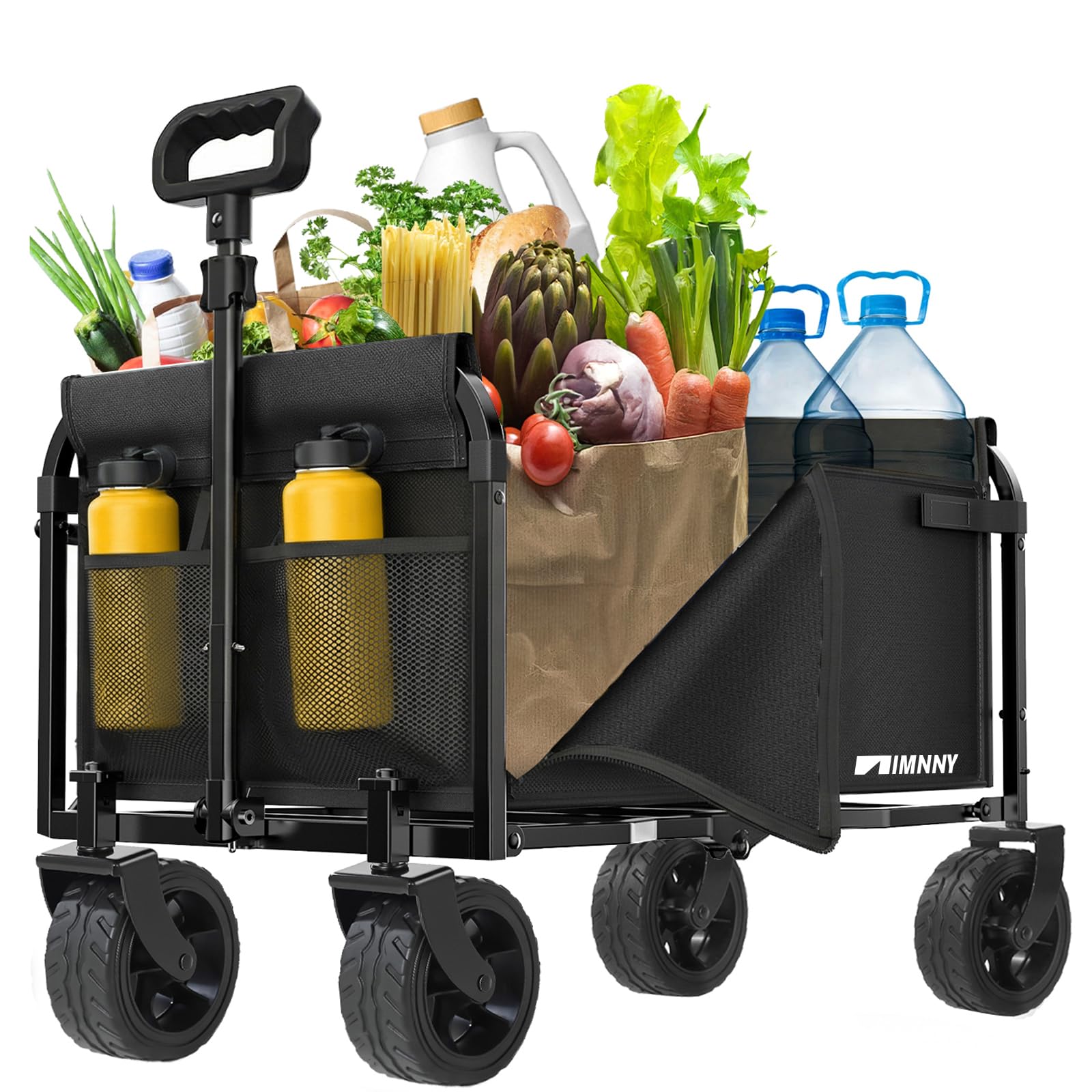 Aimnny Folding Wagon Cart with Wide Wheels, Lightweight & Portable, Easy Fold & Removable Side Utility Wagon for Groceries, Gardening, Camping, Pet Use (Black)