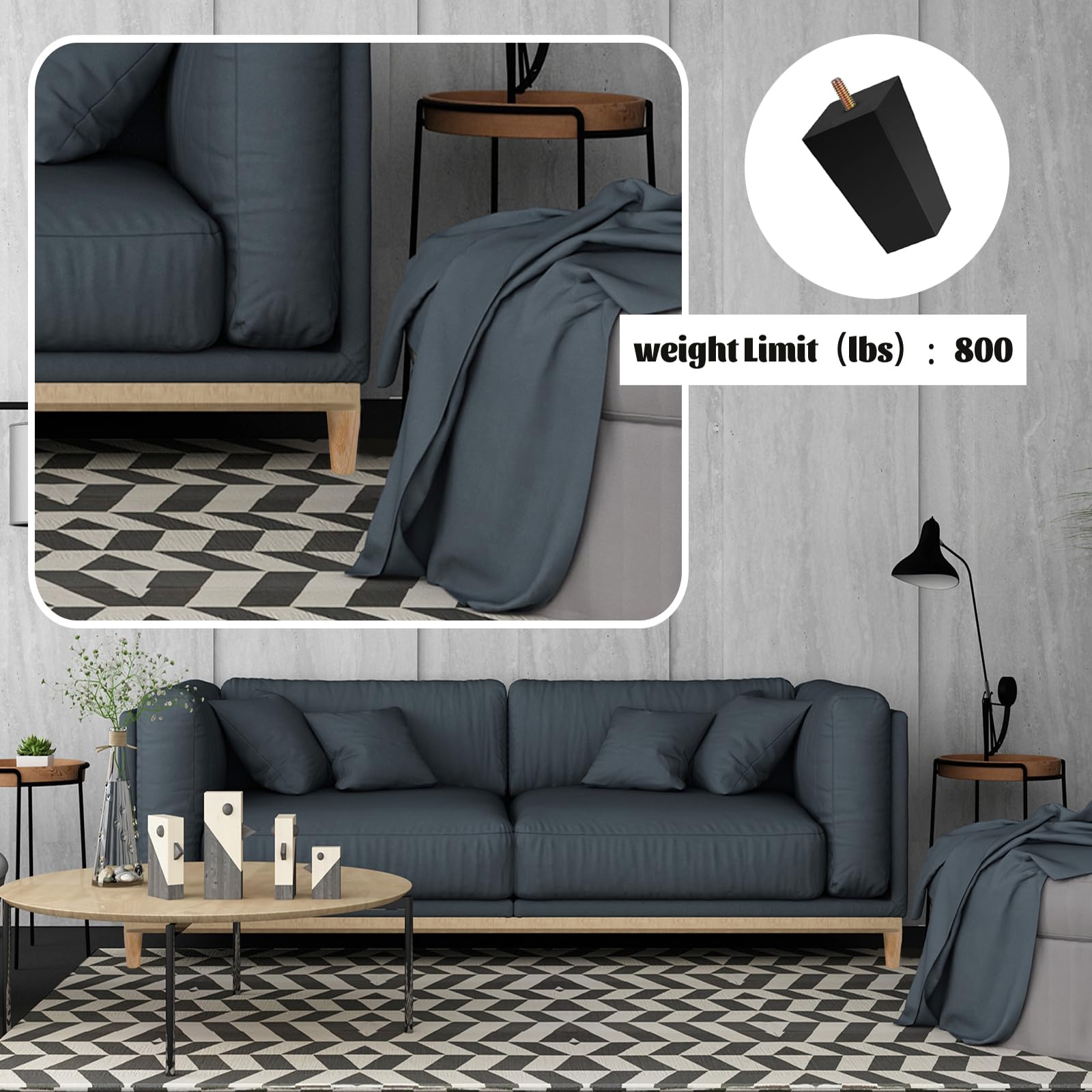 Patas de sofá cuadradas de madera de 5 cm para muebles, juego de 4, color negro (5 cm, 4 juegos)