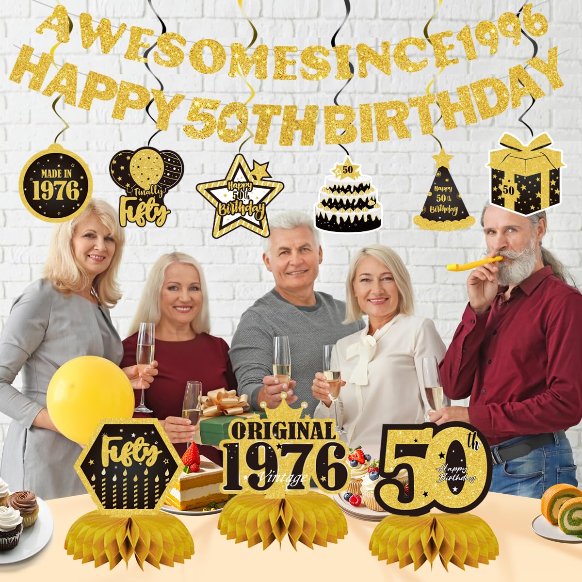 Decoraciones de feliz cumpleaños número 50 para hombres y mujeres, pancarta de fiesta negra y dorada con impresionante cartel desde 1976, 11 piezas, incluyendo remolinos colgantes y centros