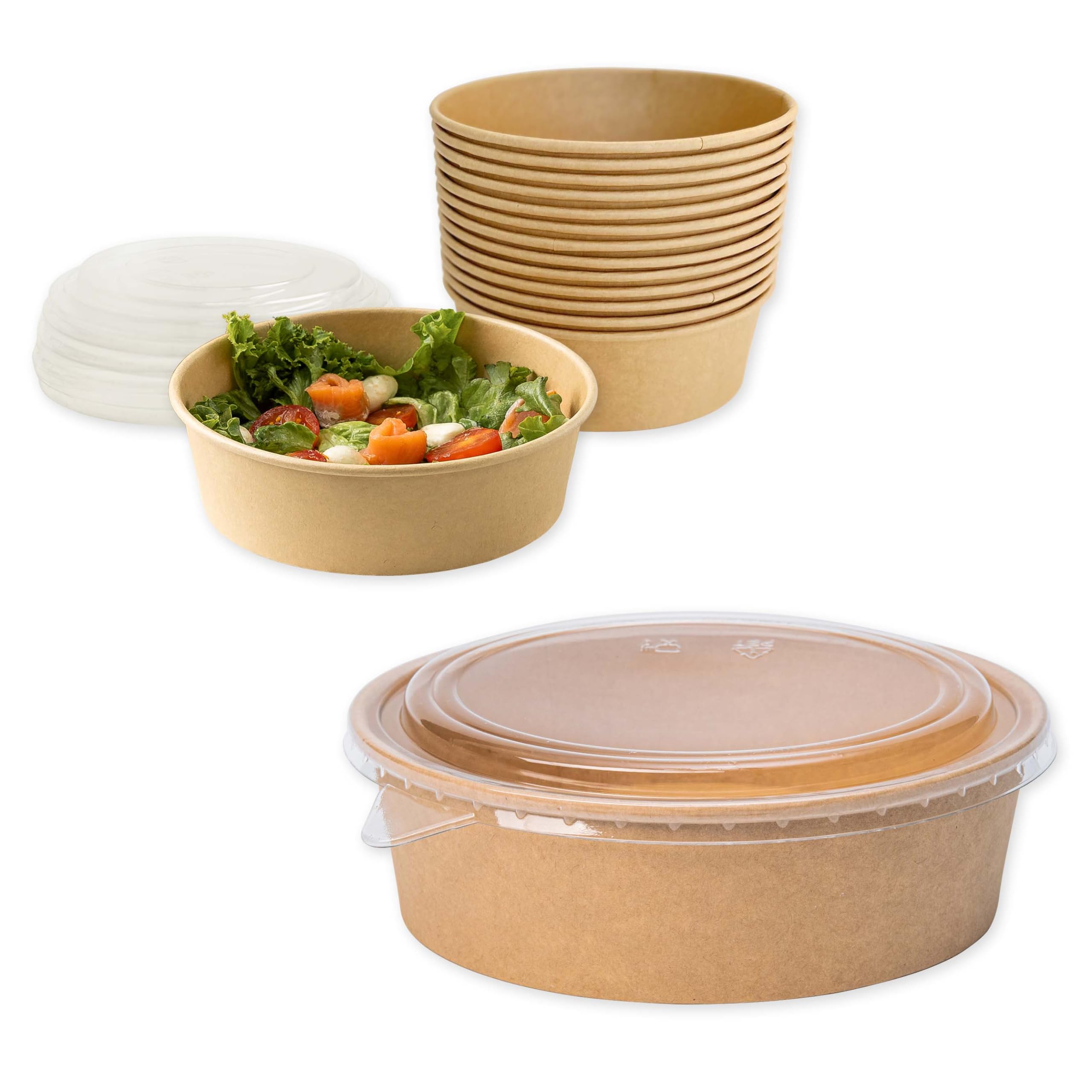 Ensaladeras Redondas de Papel Kraft con Tapa PP 50 unidades 1100 ml | Cuencos desechables de cartón kraft con tapa, ideales para ensaladas, sopas, aperitivos y alimentos para llevar
