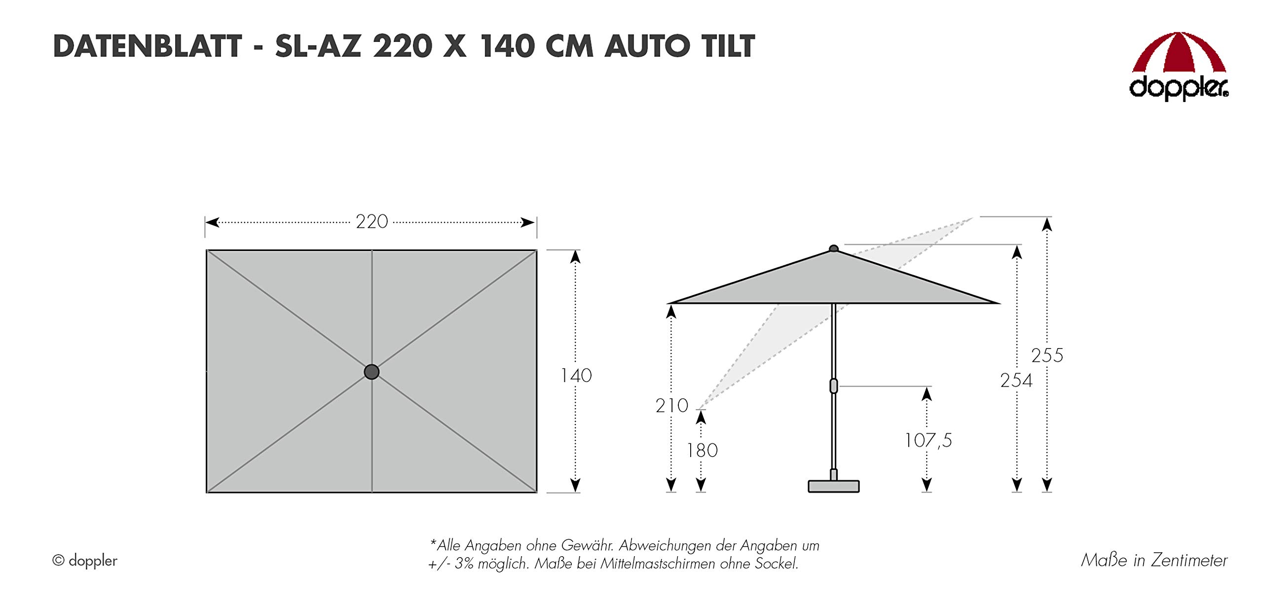 Doppler SL-AZ Auto Tilt parasol przeciwsłoneczny, 220 x 140 cm, antracytowy, składany i z korbą z ochroną UV 80+, z aluminium, odporny na deszcz dach poliestrowy